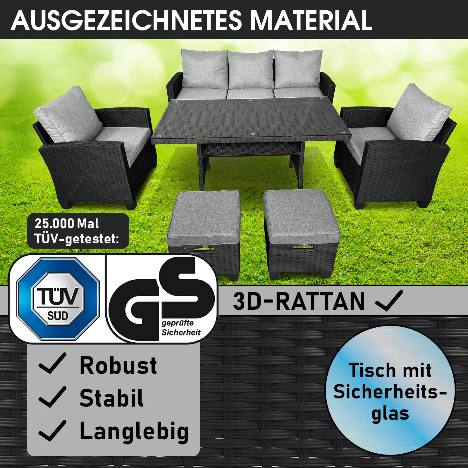 Schwarze Polyrattan Gartengarnitur mit grauen Kissen, Tisch mit Sicherheitsglas, Gartenmöbel Sitzgruppe.