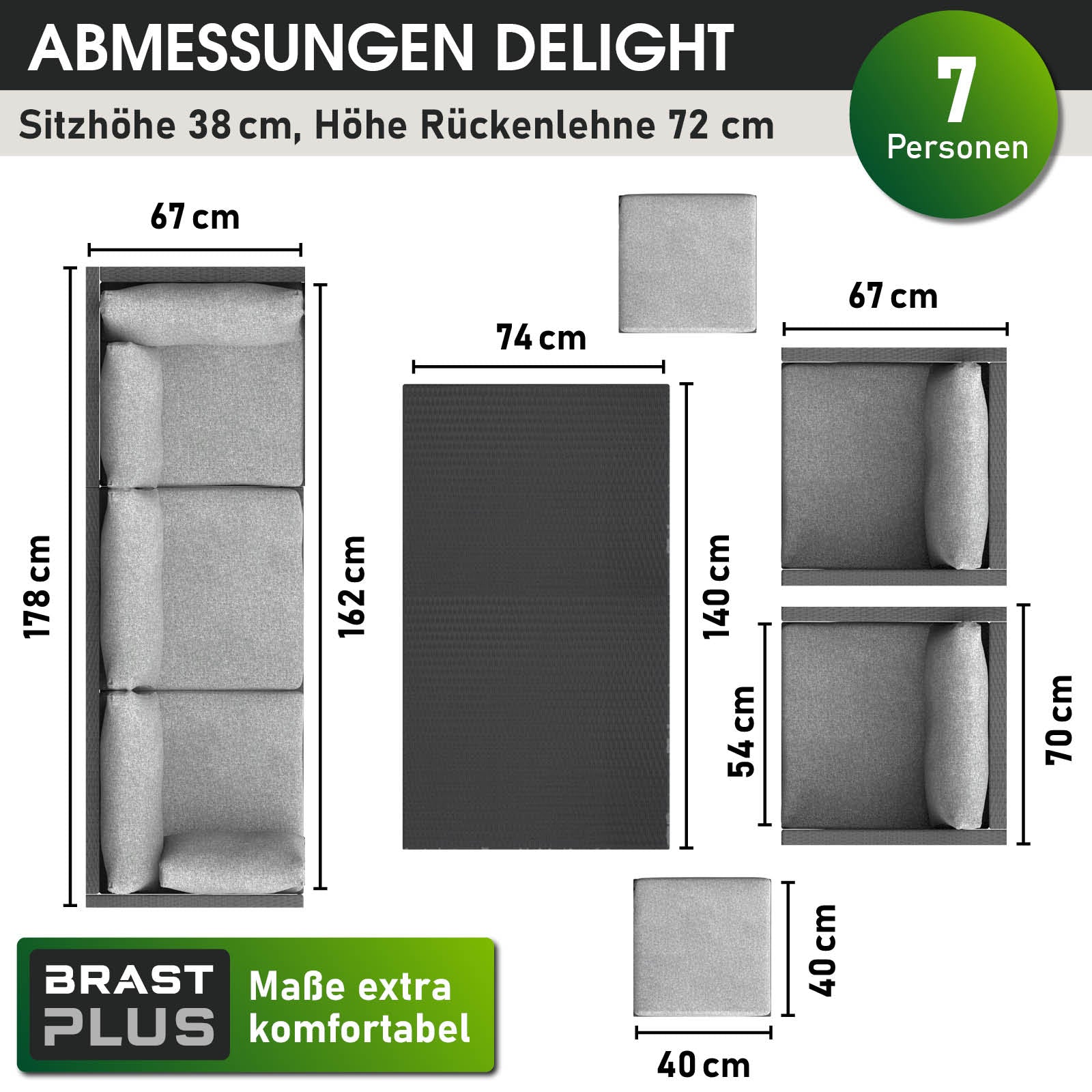 Schwarze Polyrattan Gartengarnitur DELIGHT-7 mit grauen Sitzkissen, moderner Sitzgruppe Garten für 7 Personen.