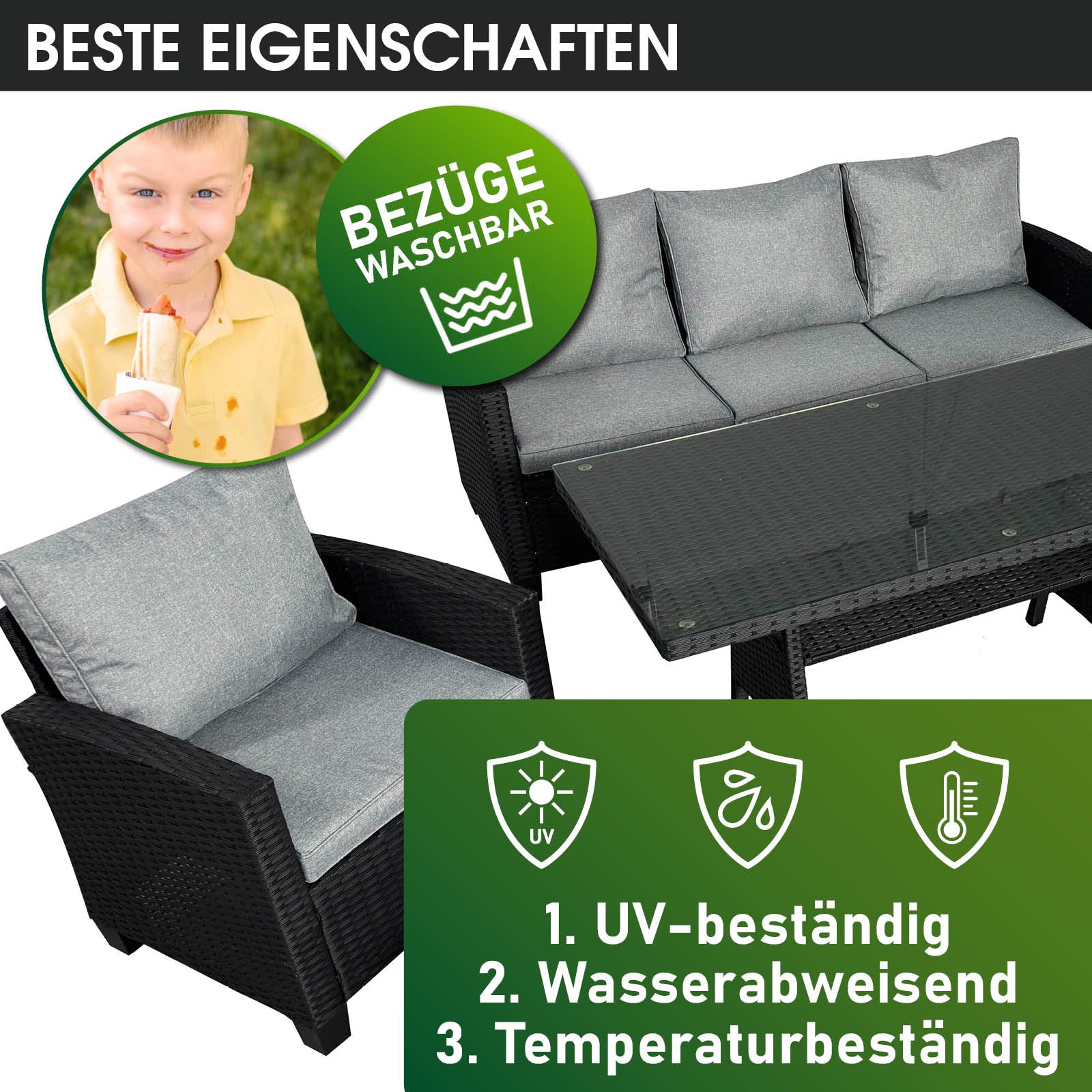 Schwarze Polyrattan Gartengarnitur mit grauen Kissen, Tisch mit Glasplatte, moderne Sitzgruppe Garten, balkon sitzgruppe.