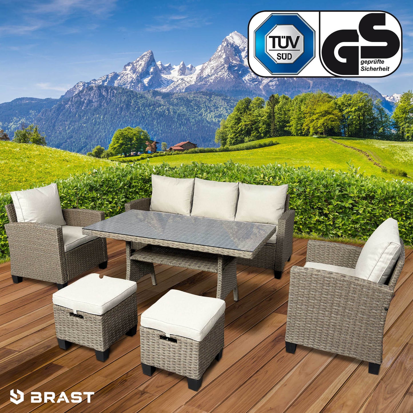 Braune Polyrattan Gartengarnitur mit beigen Polstern, Sofa, zwei Sesseln, Tisch und drei Hockern, Sitzgruppe Garten.