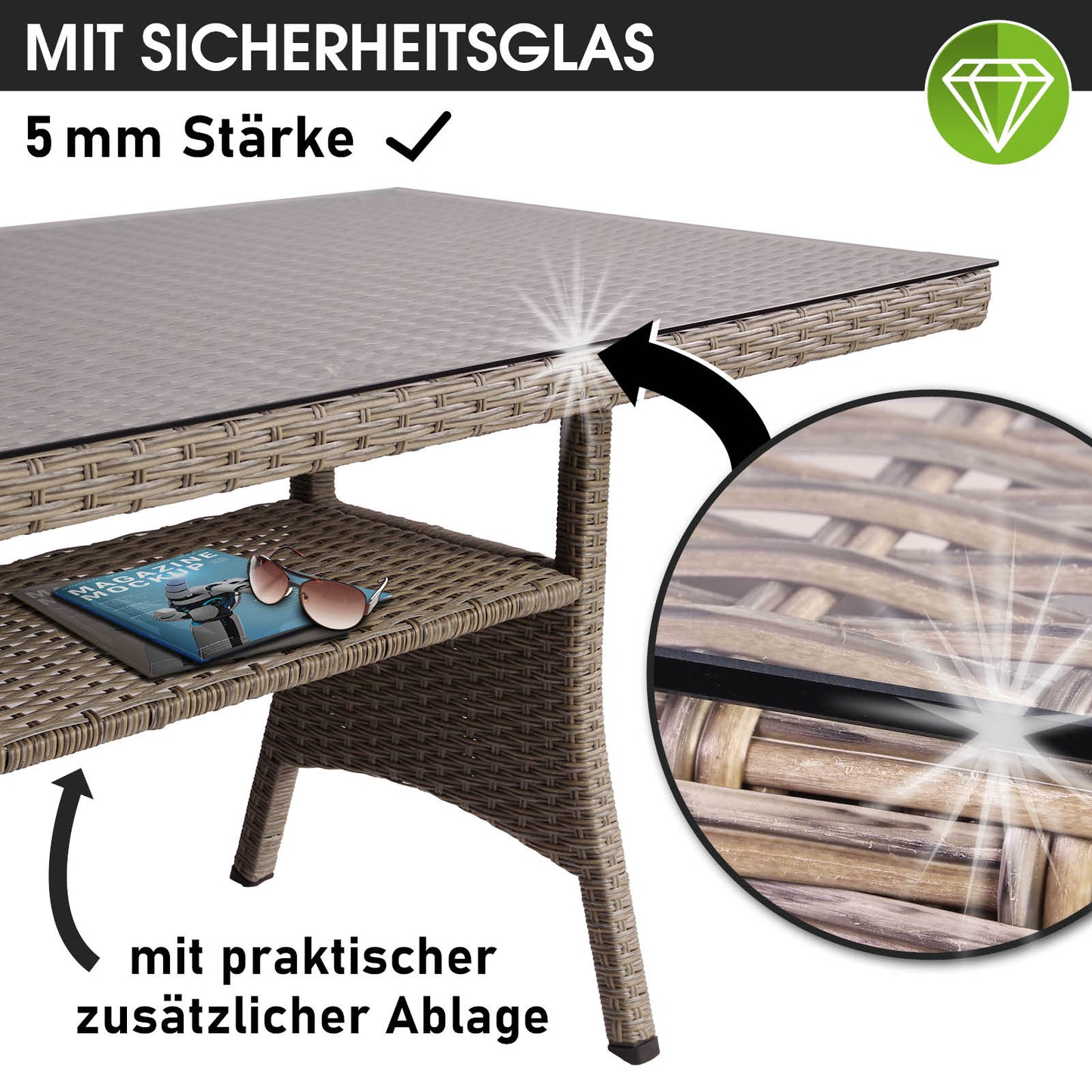 Braune Polyrattan Gartengarnitur mit Sicherheitsglas-Tischplatte und zusätzlicher Ablagefläche, moderne Gartenmöbel.
