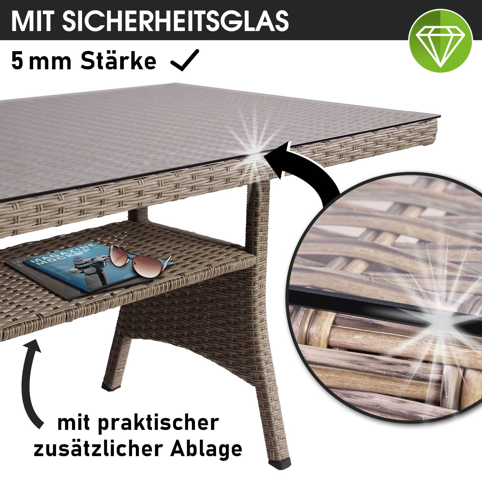 Braune Polyrattan Gartengarnitur mit Sicherheitsglas-Tischplatte und zusätzlicher Ablagefläche, moderne Gartenmöbel.
