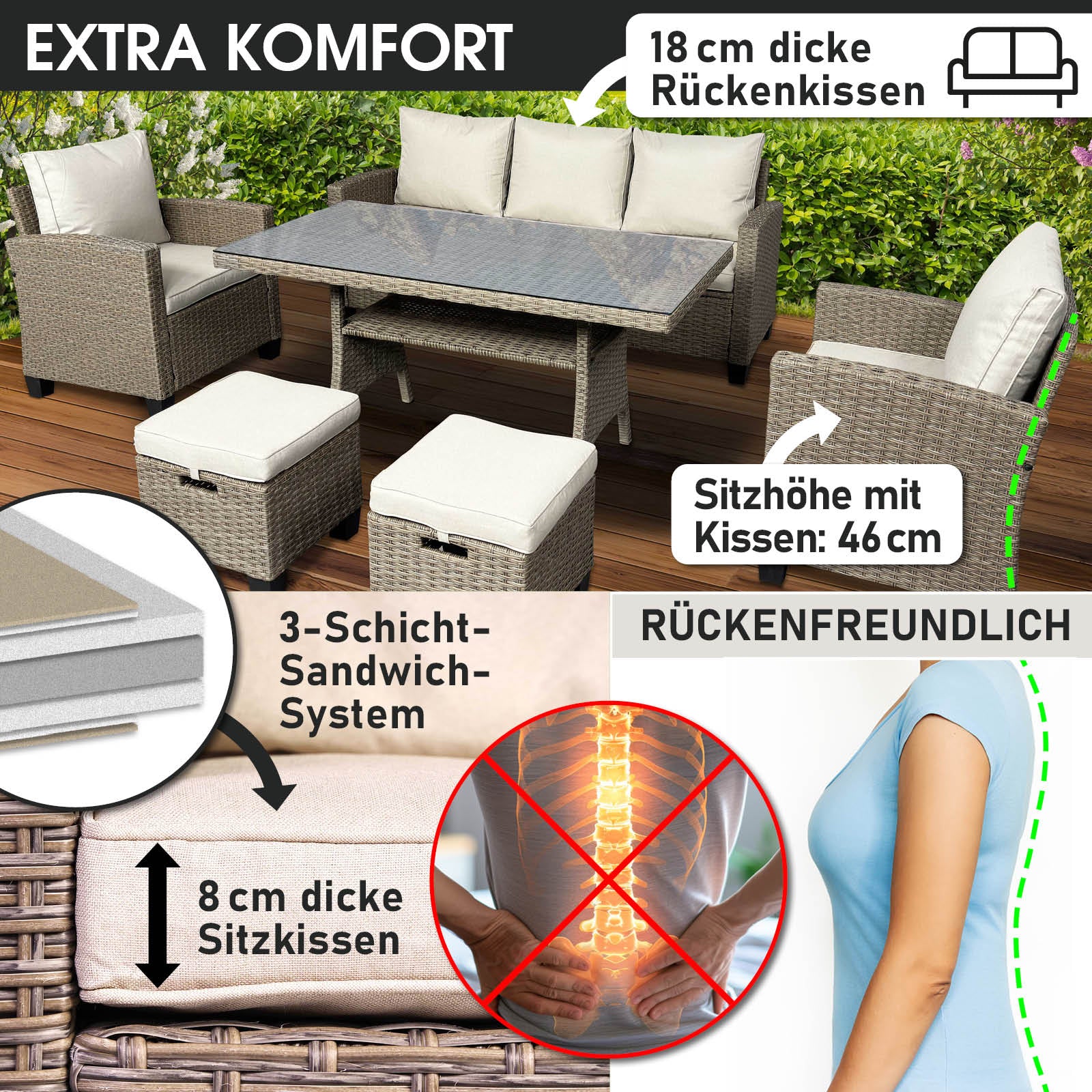 Braune Polyrattan Gartengarnitur mit beige Sitz- und Rückenkissen, komfortable rattan Sitzgruppe Garten für Balkon und.