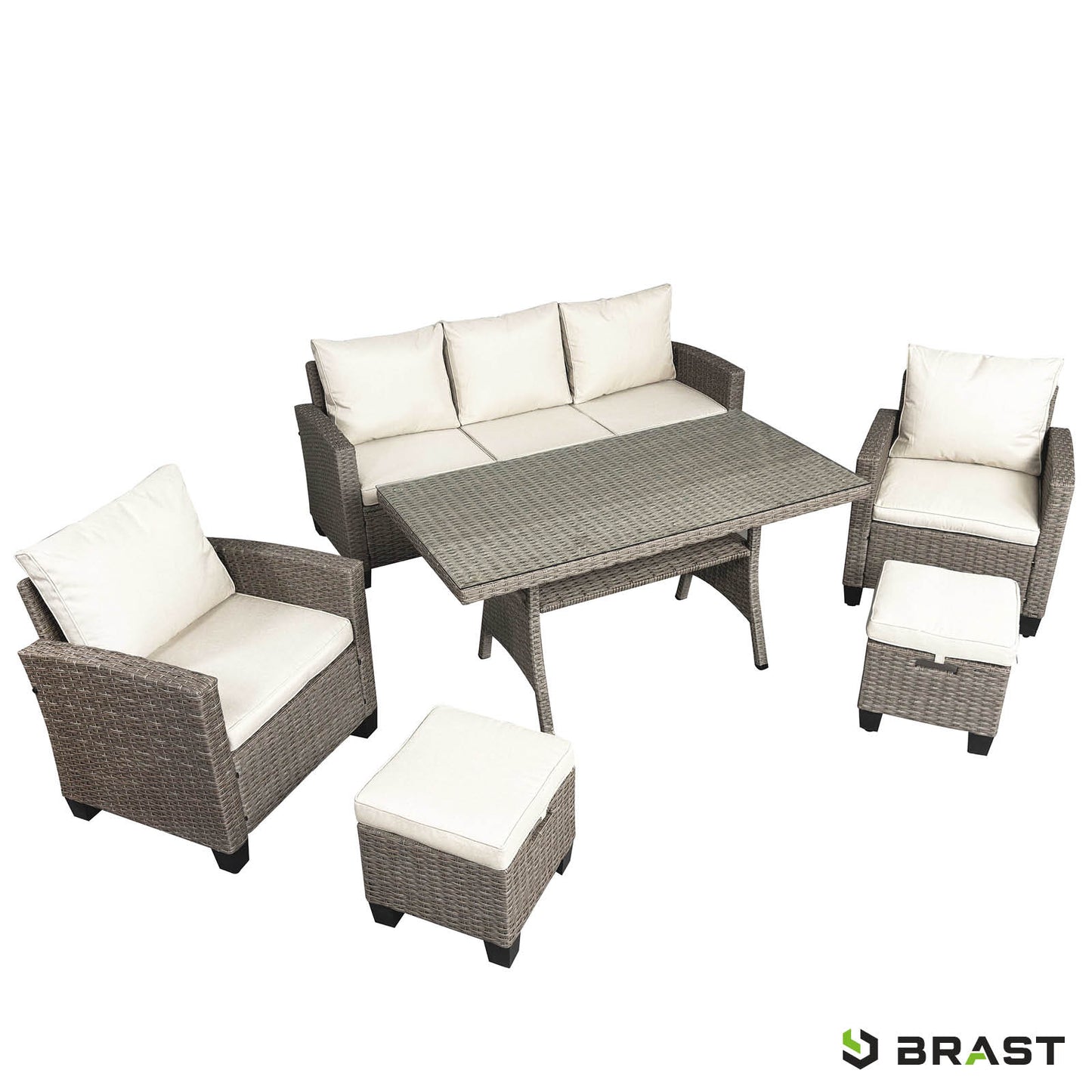 Braune Polyrattan Gartengarnitur mit beigen Polstern, Tisch und Hocker, Sitzgruppe Garten, Balkon Sitzgruppe.