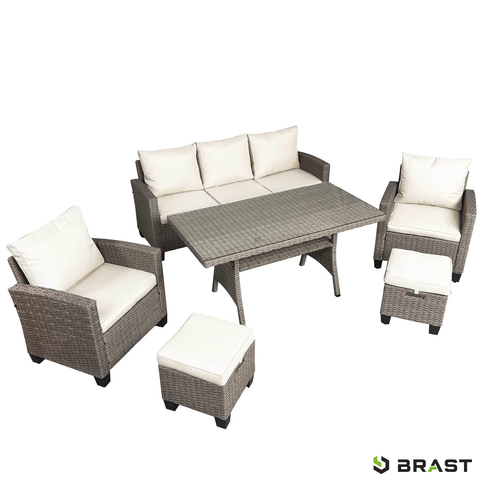 Braune Polyrattan Gartengarnitur mit beigen Polstern, Tisch und Hocker, Sitzgruppe Garten, Balkon Sitzgruppe.