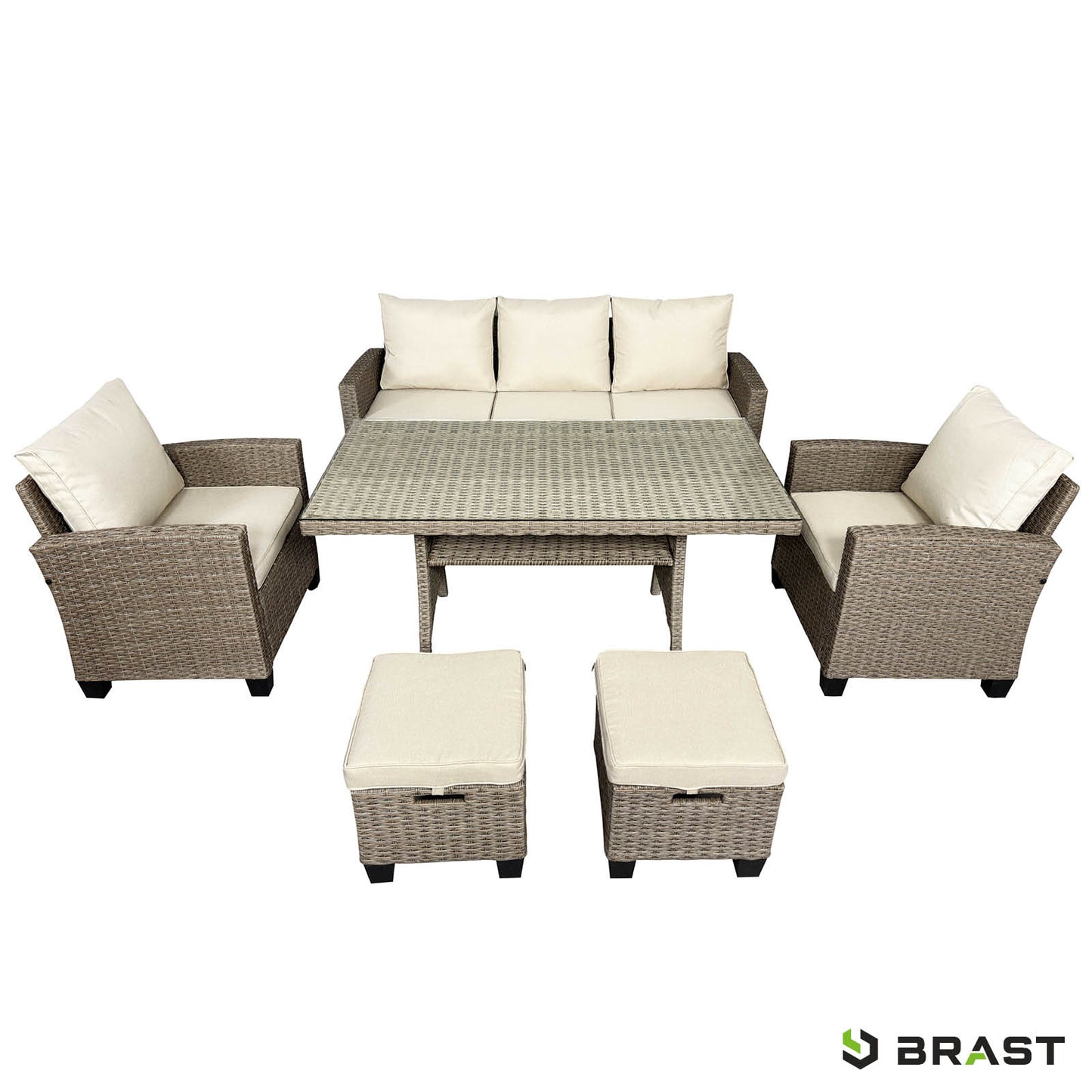 Braune Polyrattan Sitzgruppe Garten mit beige Polstern, Gartentisch, Sessel und zwei Hocker, Balkon Sitzgruppe.