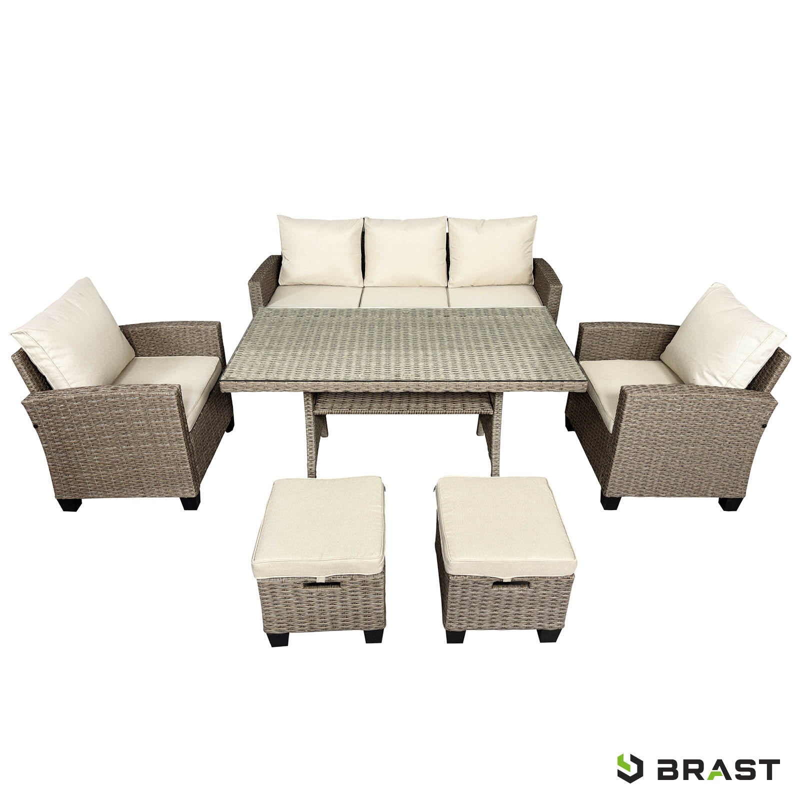 Braune Polyrattan Sitzgruppe Garten mit beige Polstern, Gartentisch, Sessel und zwei Hocker, Balkon Sitzgruppe.