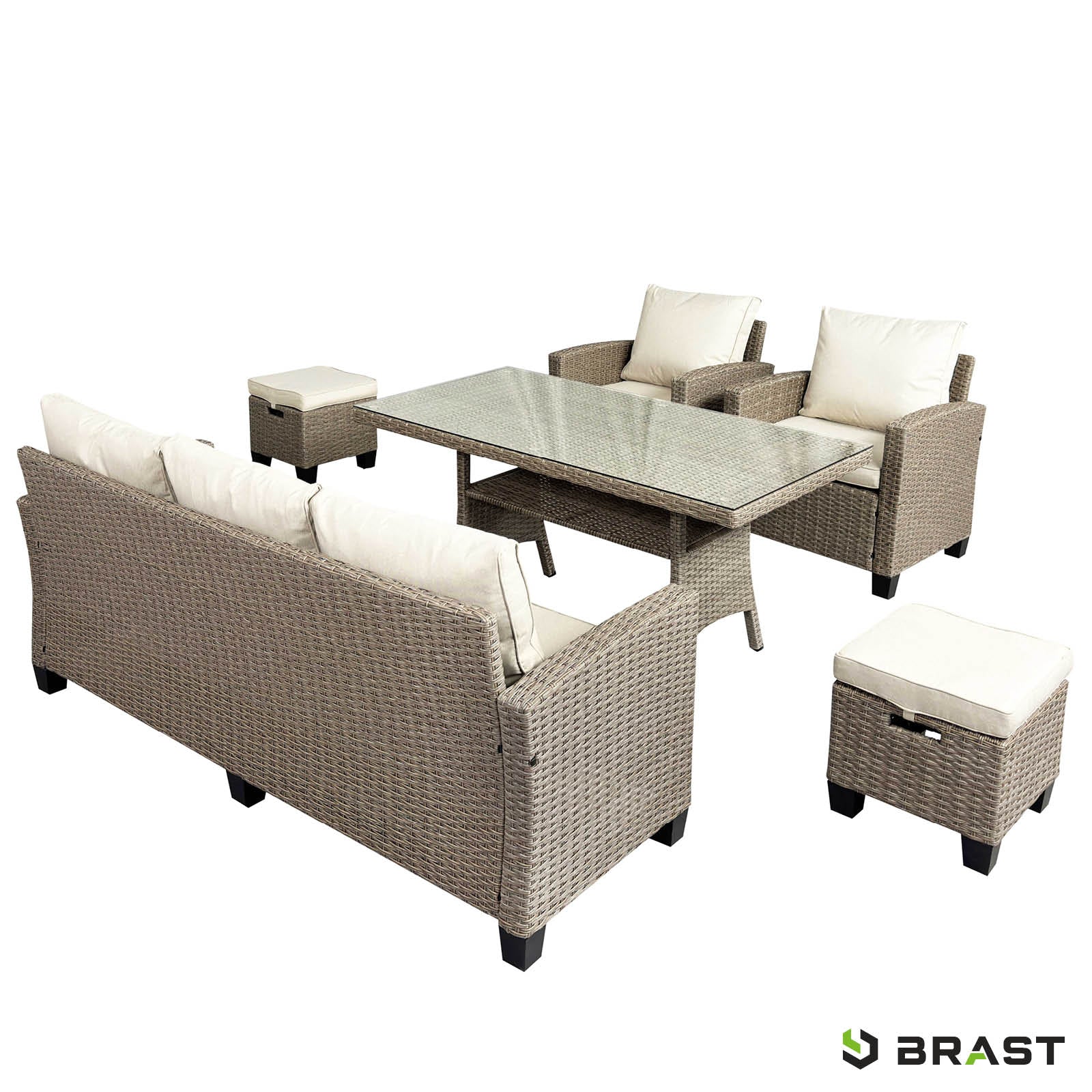 Braune Polyrattan Gartengarnitur mit beige Polstern, Tisch mit Glasplatte, Sitzgruppe Garten für Balkon und Terrasse.
