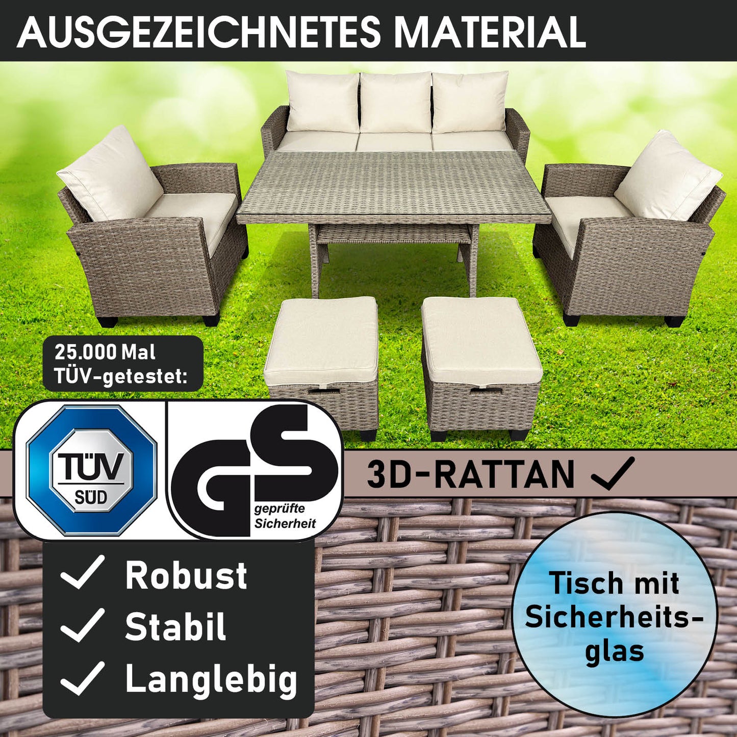 Braune Polyrattan Gartengarnitur mit beige Polstern, Tisch mit Sicherheitsglas, stabile Gartenmöbel Sitzgruppe.