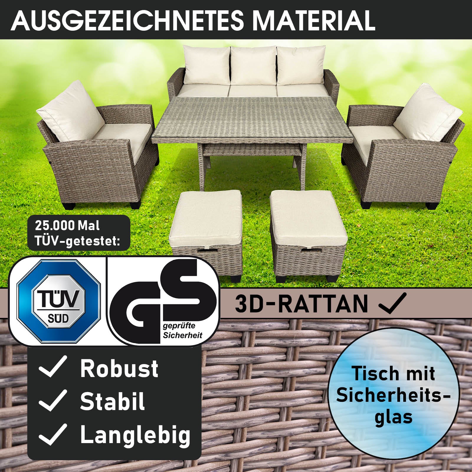 Braune Polyrattan Gartengarnitur mit beige Polstern, Tisch mit Sicherheitsglas, stabile Gartenmöbel Sitzgruppe.