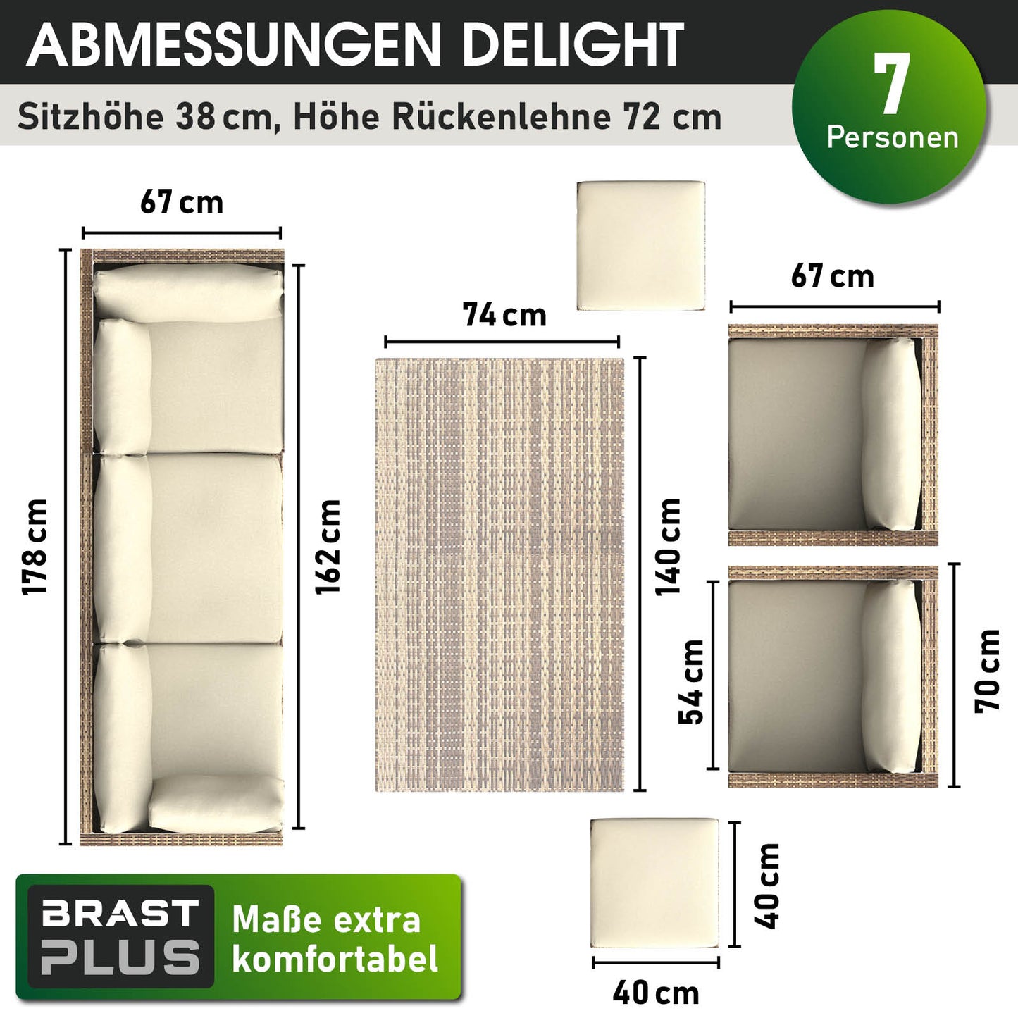 Braune Polyrattan Gartengarnitur mit beigen Polstern, 7 Personen Sitzgruppe Gartenmöbel Sitzgruppe Balkon Sitzgruppe Rattan.