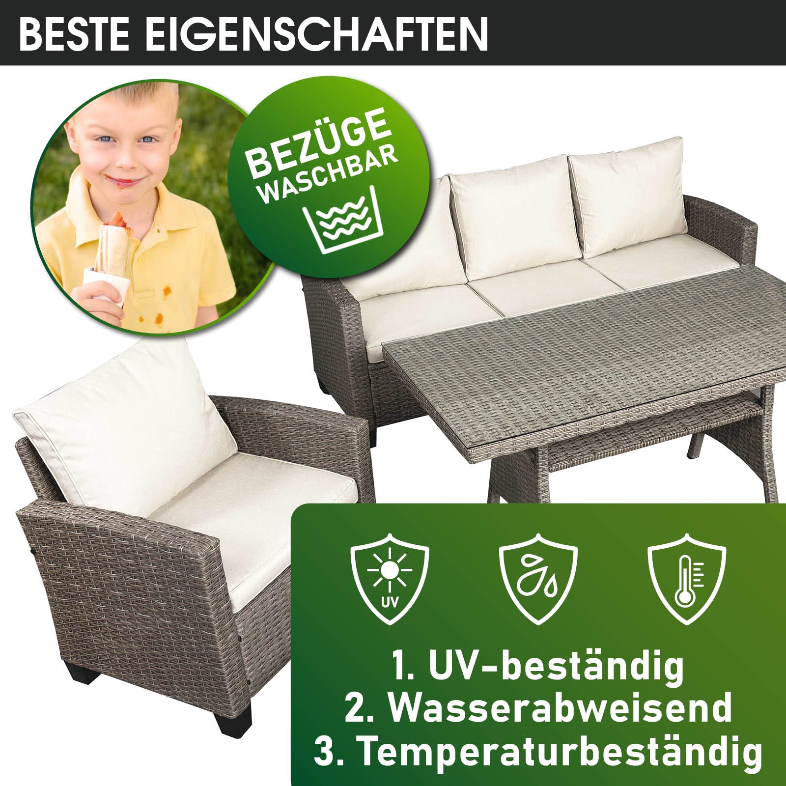 Braune Polyrattan Gartengarnitur mit beige gepolsterten Kissen, Sitzgruppe Garten für Balkon und Terrasse, wasserabweisende.