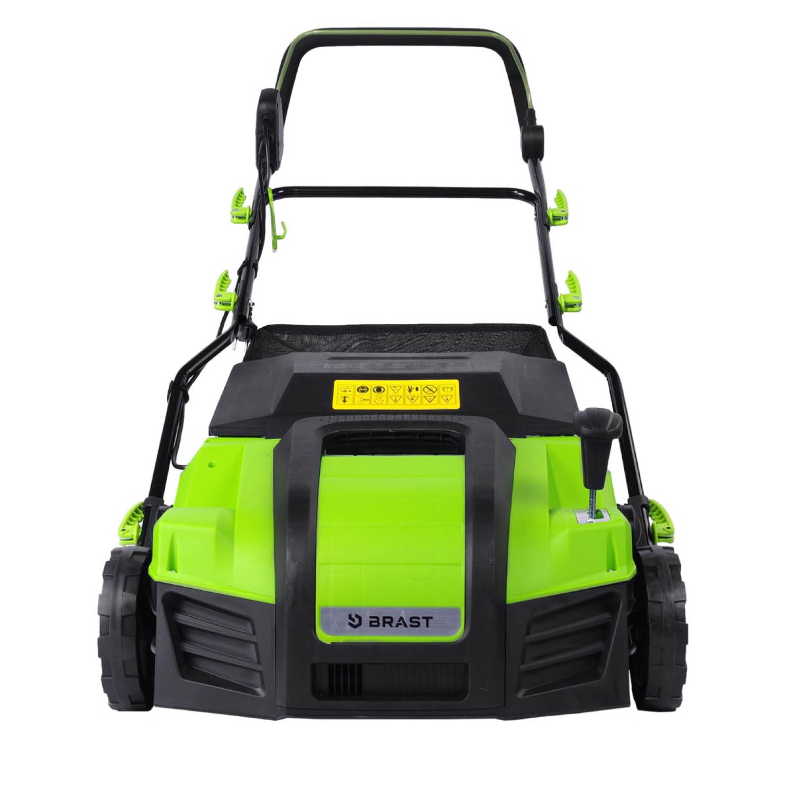 Grüner Elektro Rasenvertikutierer mit Radantrieb und Fangkorb, kompakter Garten Vertikutierer.