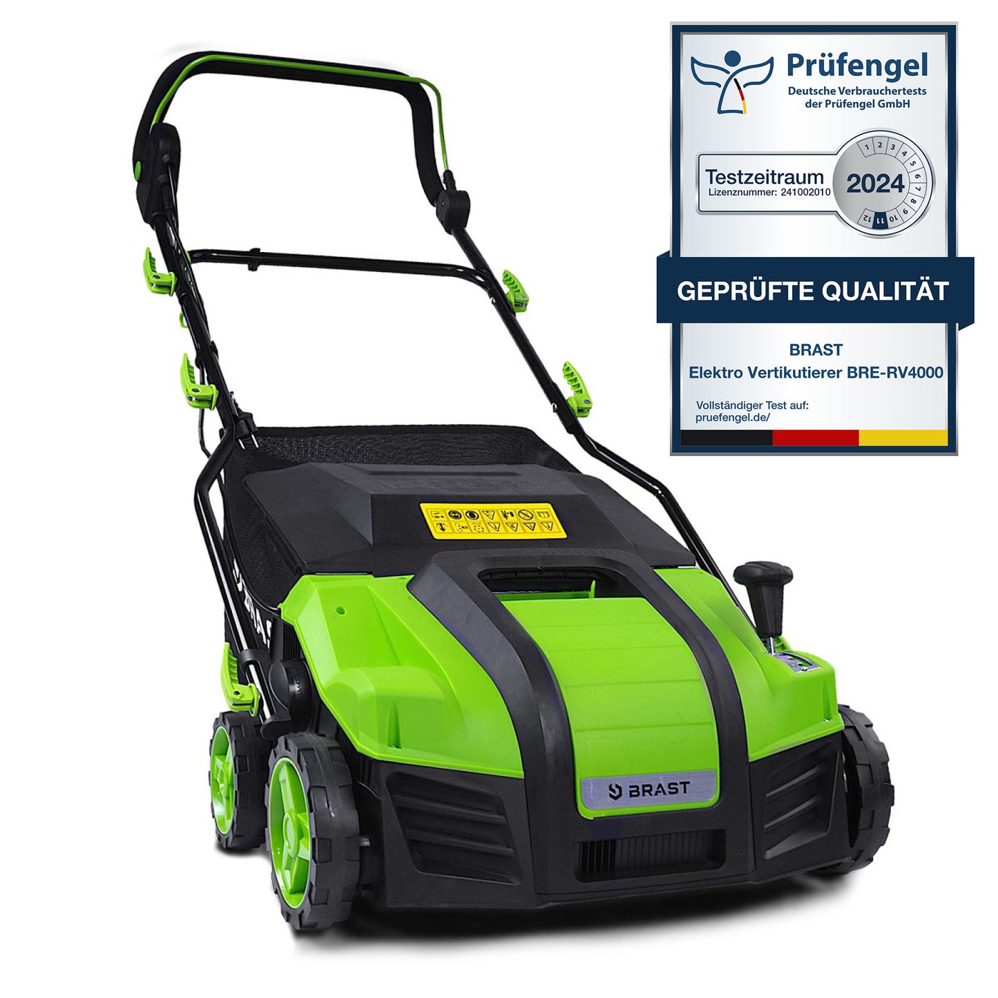 Grüner BRAST 2in1 Elektro Rasenvertikutierer mit Radntrieb und Fangsack, Garten Vertikutierer.