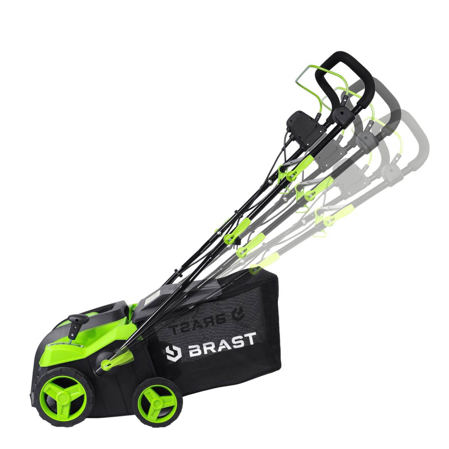 Grüner BRAST 2in1 Elektro Rasenvertikutierer mit Radantrieb und klappbarem Griff, Garten Vertikutierer mit Fangkorb.