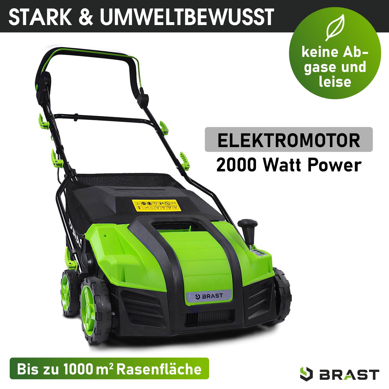 Grün-schwarzer BRAST 2in1 Elektro Vertikutierer mit Radantrieb und 2000 Watt Motor, Rasenvertikutierer und Rasenlüfter für.