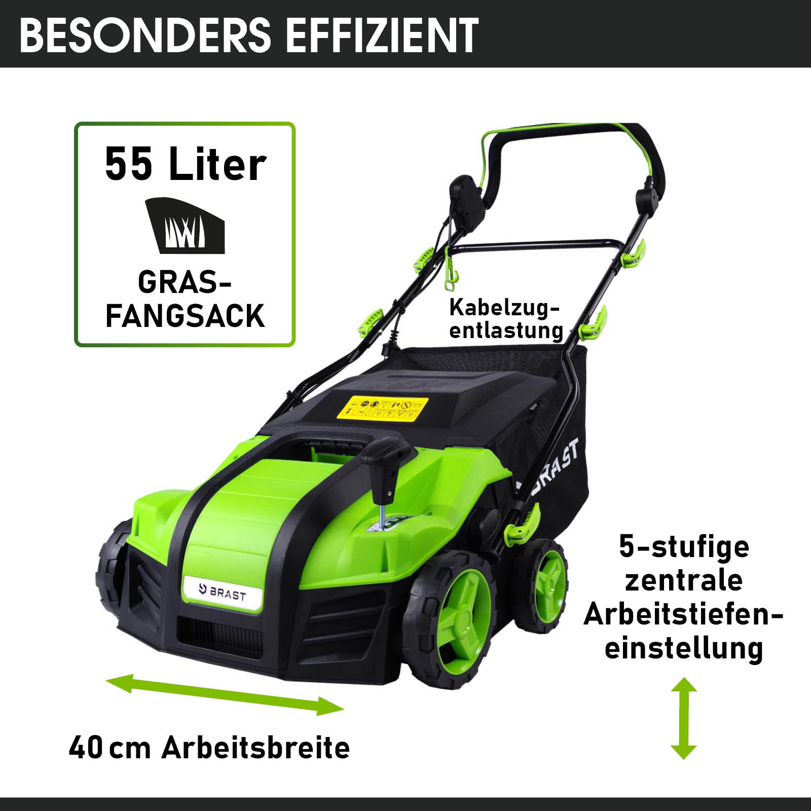 Grüner rasenvertikutierer mit 55-Liter Grasfangsack, 5-stufige Arbeitstiefeneinstellung, vertikutierer mit radantrieb.