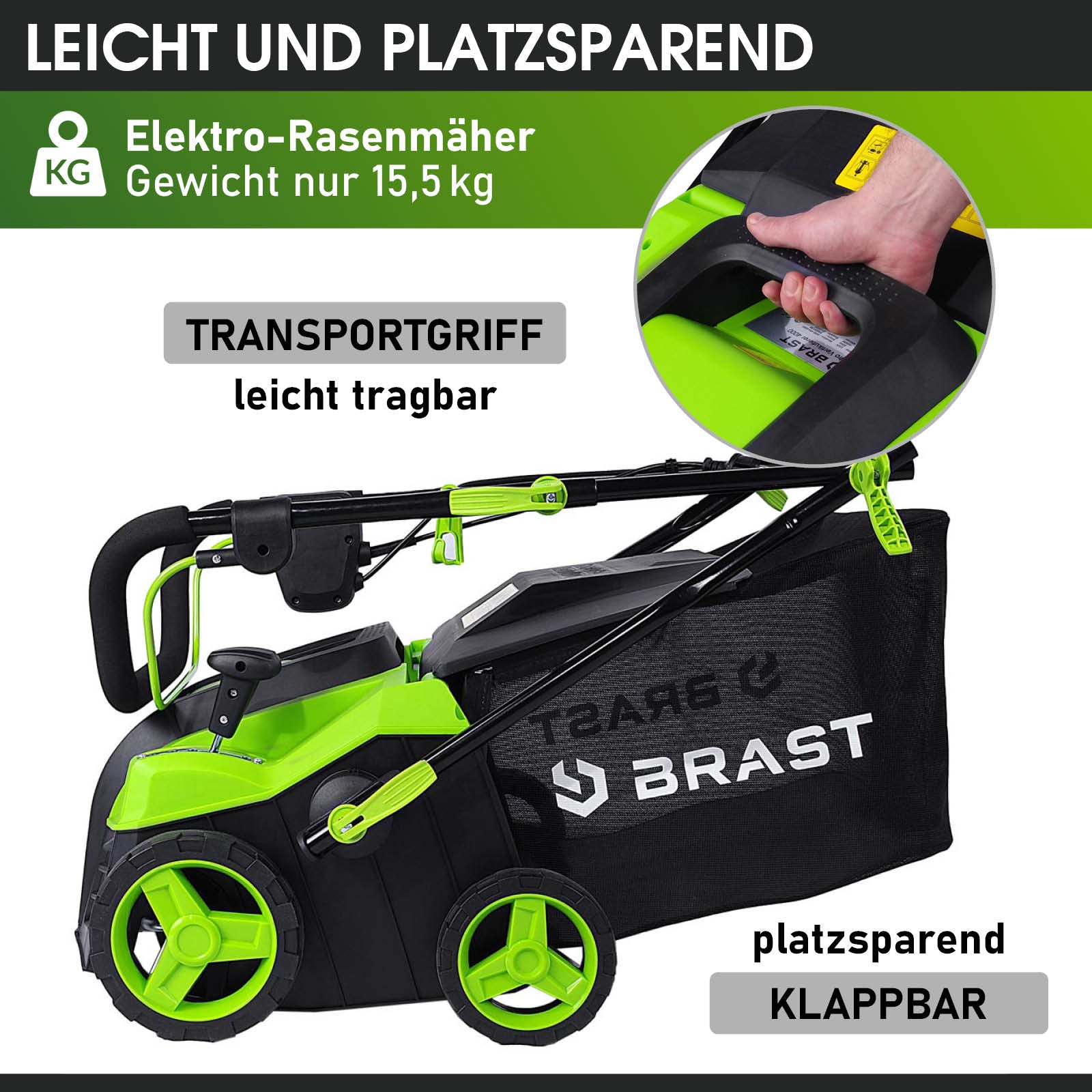 Grüner BRAST 2in1 Elektro Rasenvertikutierer mit Rad, klappbar, transportabel, Garten Vertikutierer mit Radantrieb.