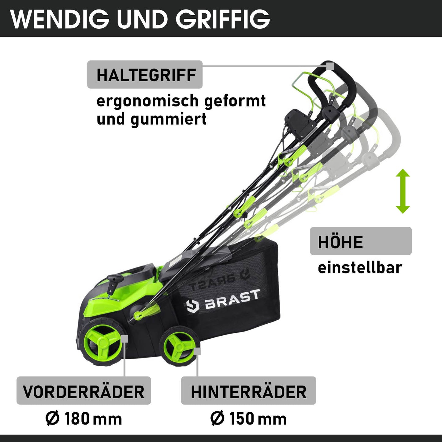 Grün-schwarzer Rasenvertikutierer mit Radantrieb, höhenverstellbarem Griff und ergonomischem Haltegriff.
