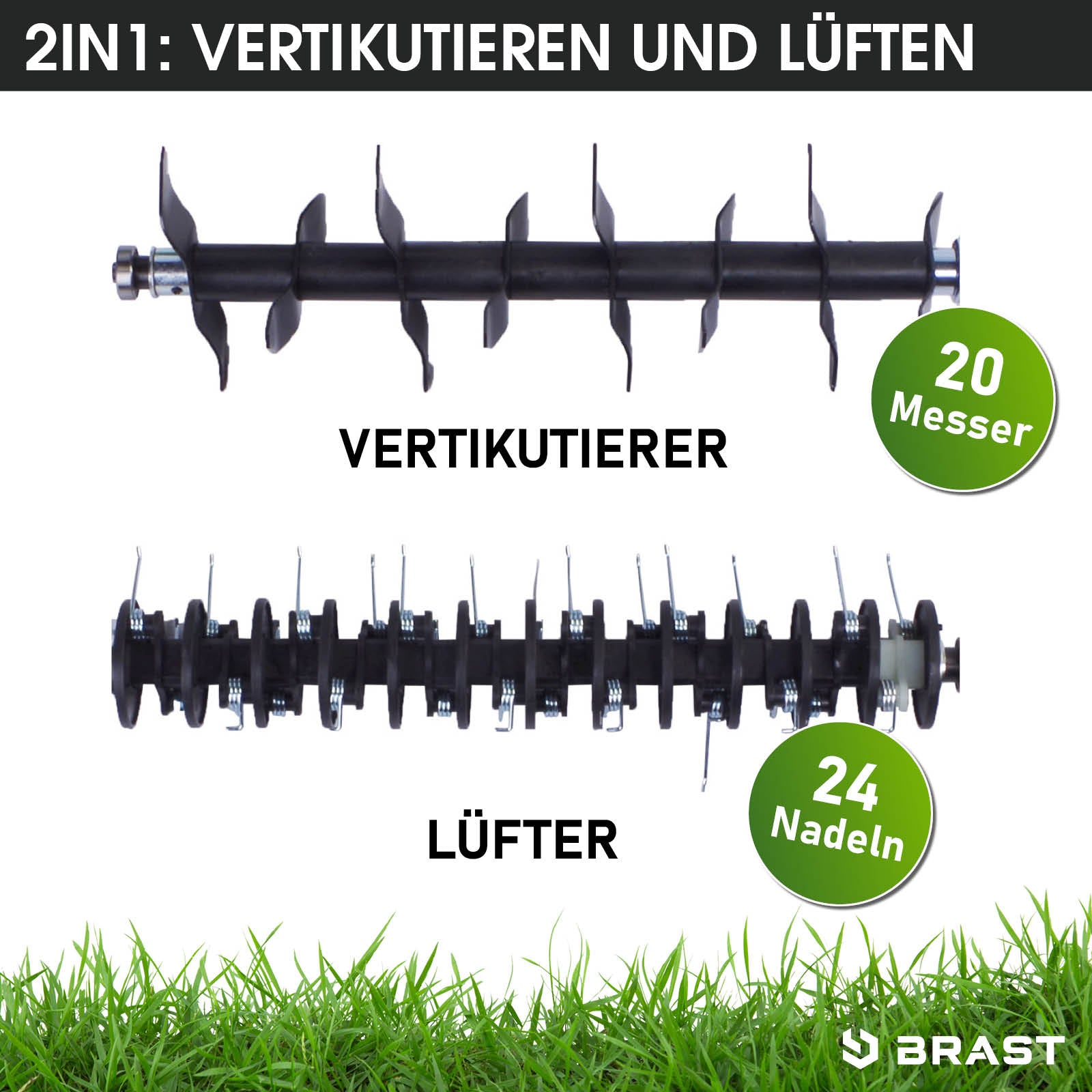 Schwarzer 2in1 Rasenvertikutierer und Lüfter mit 20 Messern und 24 Nadeln für Garten Vertikutierer mit Radantrieb.