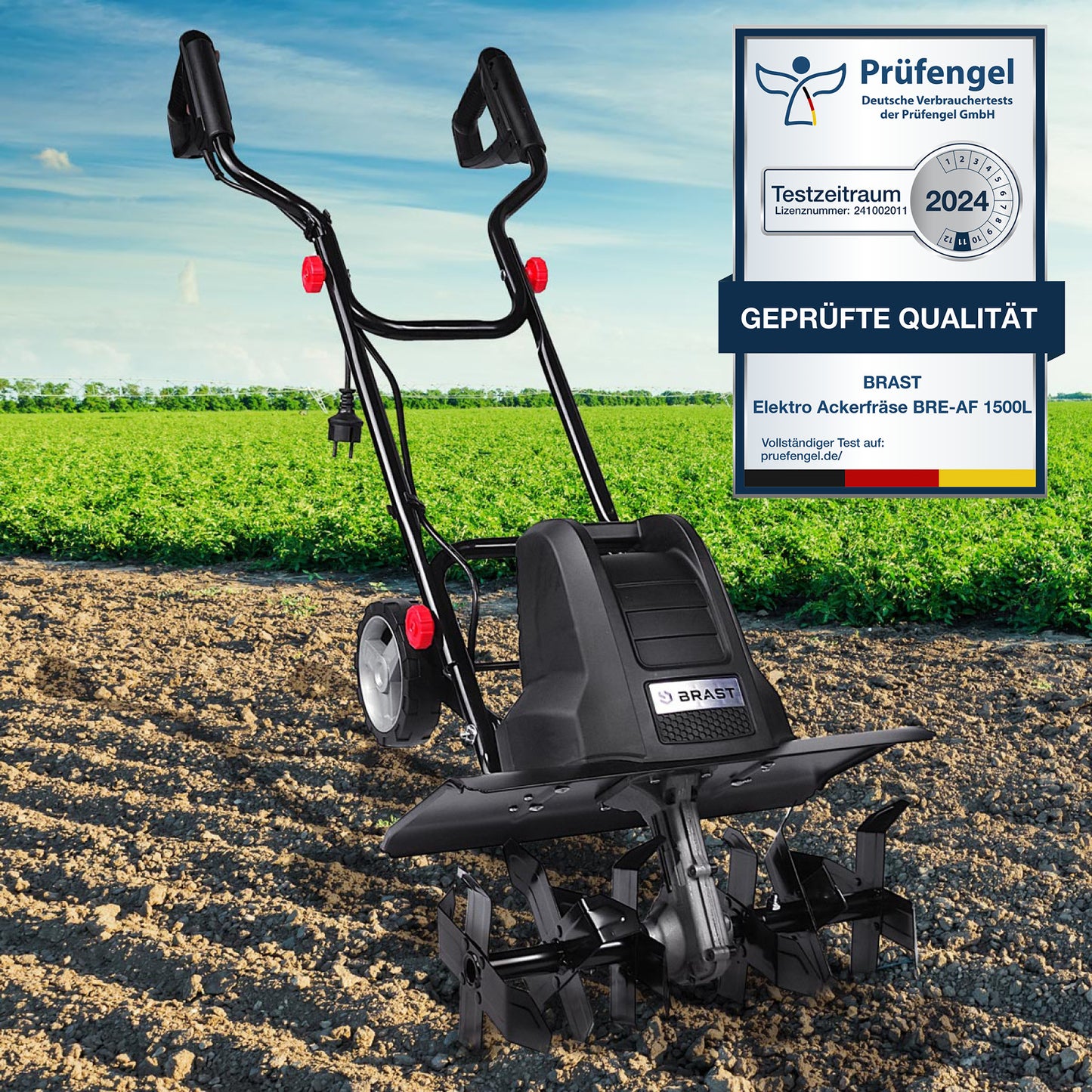 Schwarze BRAST Motorhacke Elektro mit ergonomischen Griffen und robusten Hackmessern als Bodenfräse Gartenfräse Pflug auf.