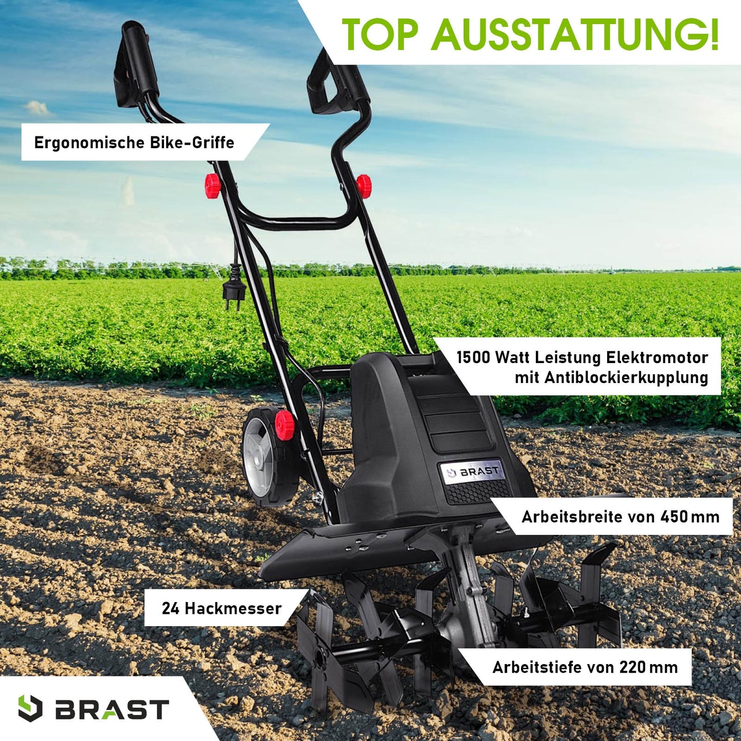 Schwarze elektrische Motorhacke mit 1500-Watt-Motor, ergonomischen Bike-Griffen und 24 Hackmessern, Bodenfräse Gartenfräse.