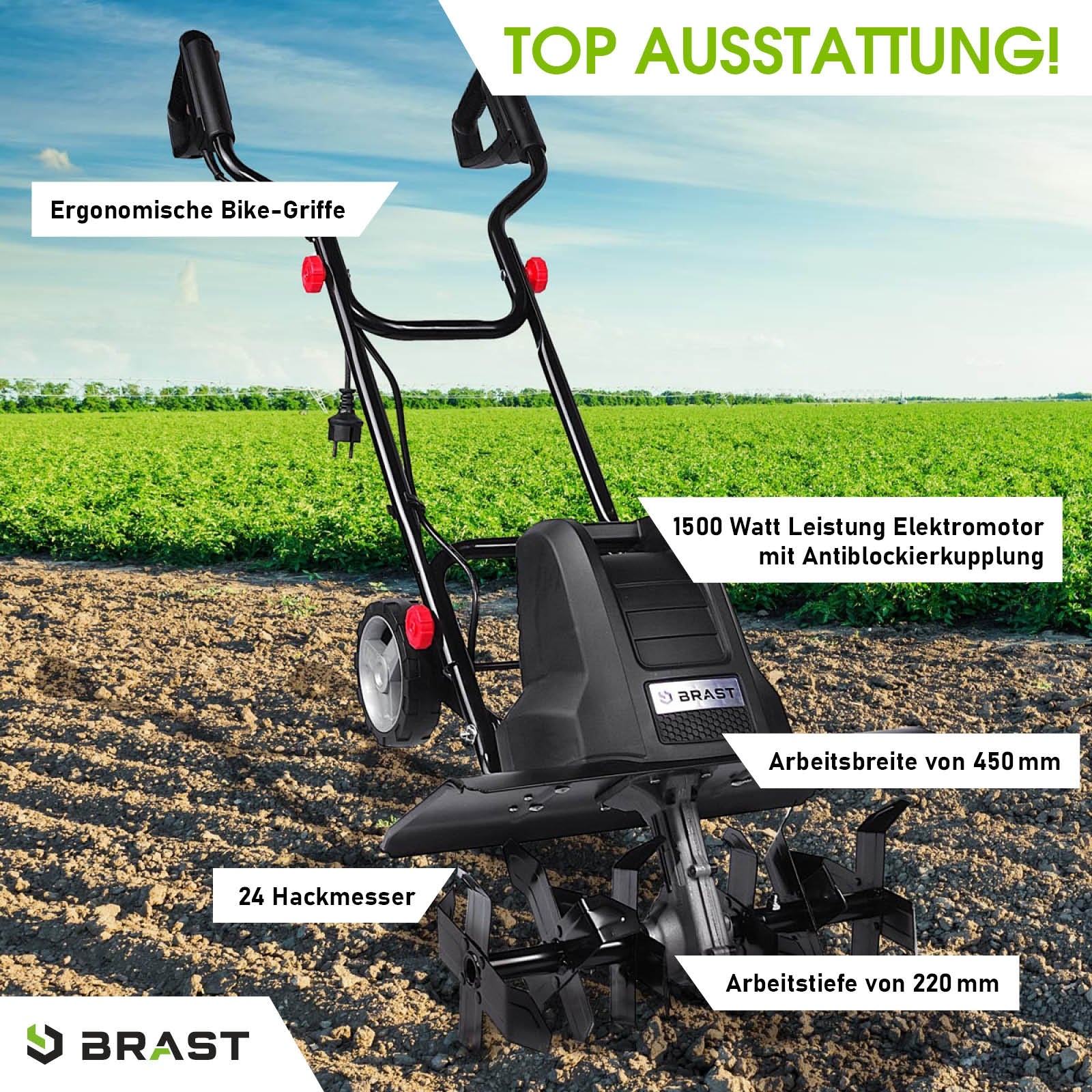 Schwarze elektrische Motorhacke mit 1500-Watt-Motor, ergonomischen Bike-Griffen und 24 Hackmessern, Bodenfräse Gartenfräse.