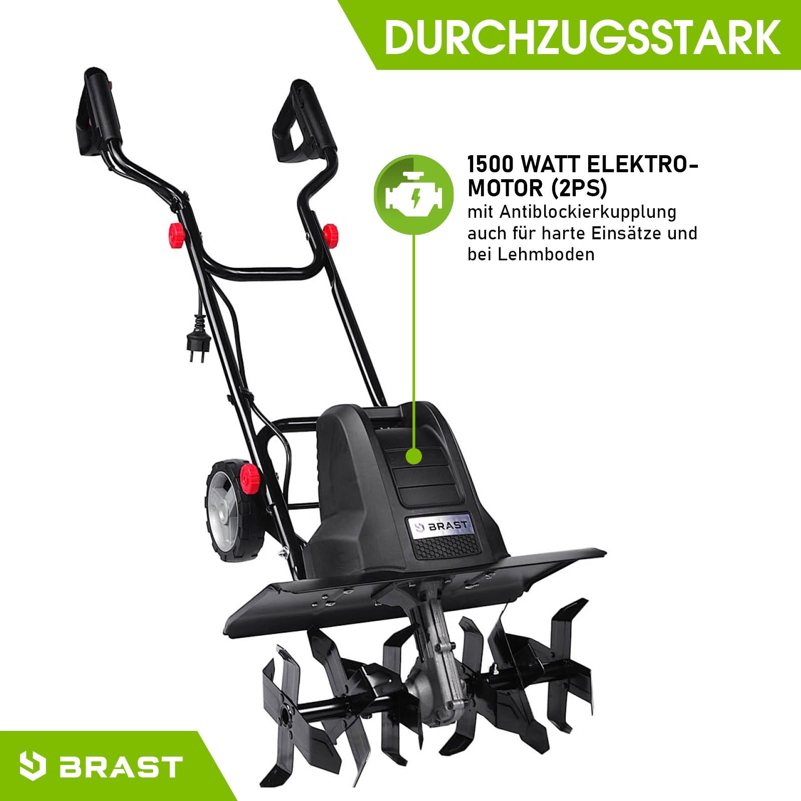Schwarze elektrische Motorhacke mit 1500 Watt Motor, Bodenfräse Gartenfräse mit robusten Fräszinken und höhenverstellbarem.