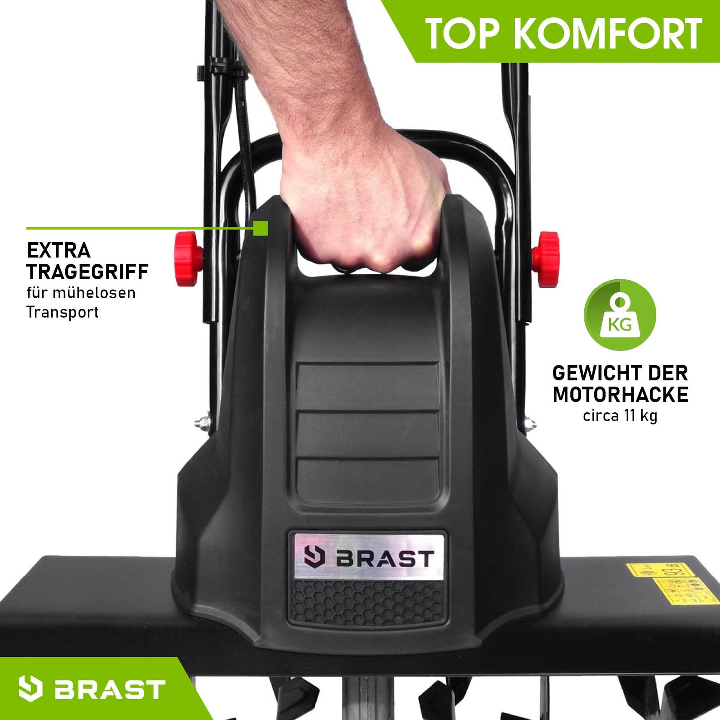 Schwarze Elektro Motorhacke von Brast mit Tragegriff, kompakte Bodenfräse Gartenfräse Modell 1500L.