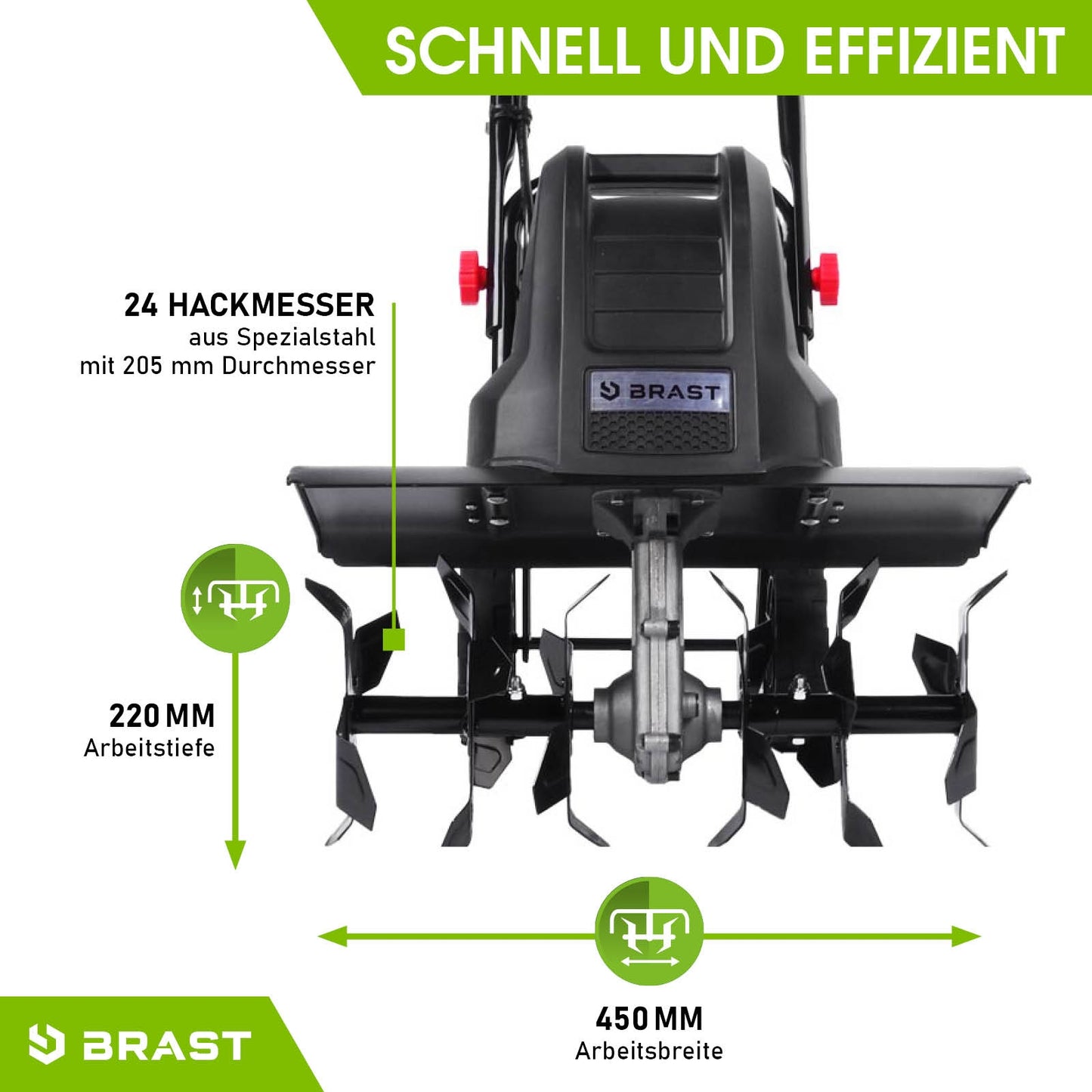 Schwarze Elektro-Motorhacke mit 24 Hakenmessern, 450 mm Arbeitsbreite, gartenfräse pflug, bodenfräse gartenfräse, motorhacke.