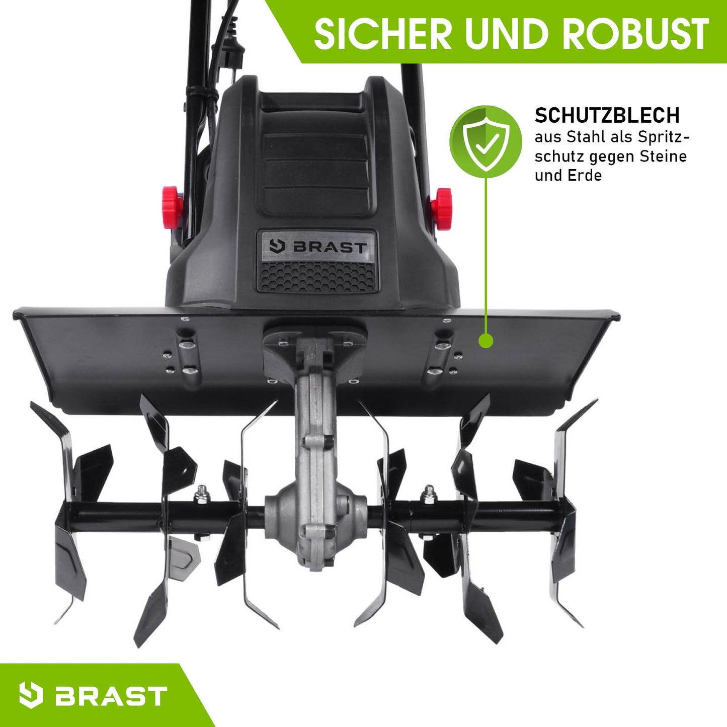 Elektro Motorhacke Brast mit Schutzblech und robusten Bodenfräse Zinken für Gartenfräse Pflug.