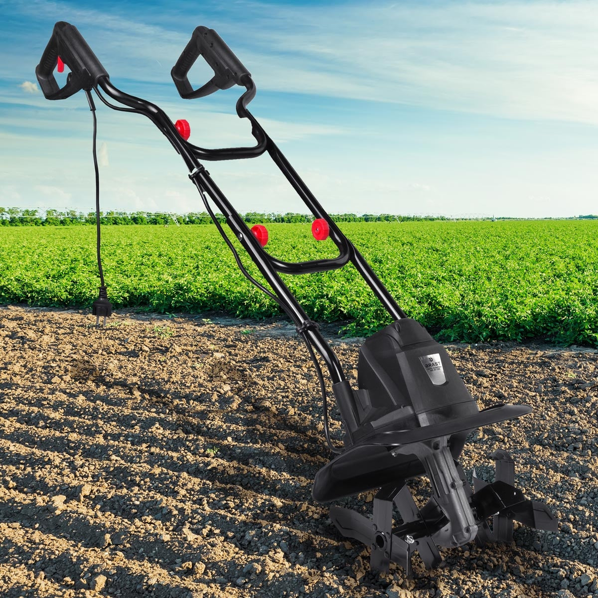 Schwarze Elektro Motorhacke Gartenfräse mit Teleskopgriff und Bodenfräse für Gartenfräse Pflugarbeiten.