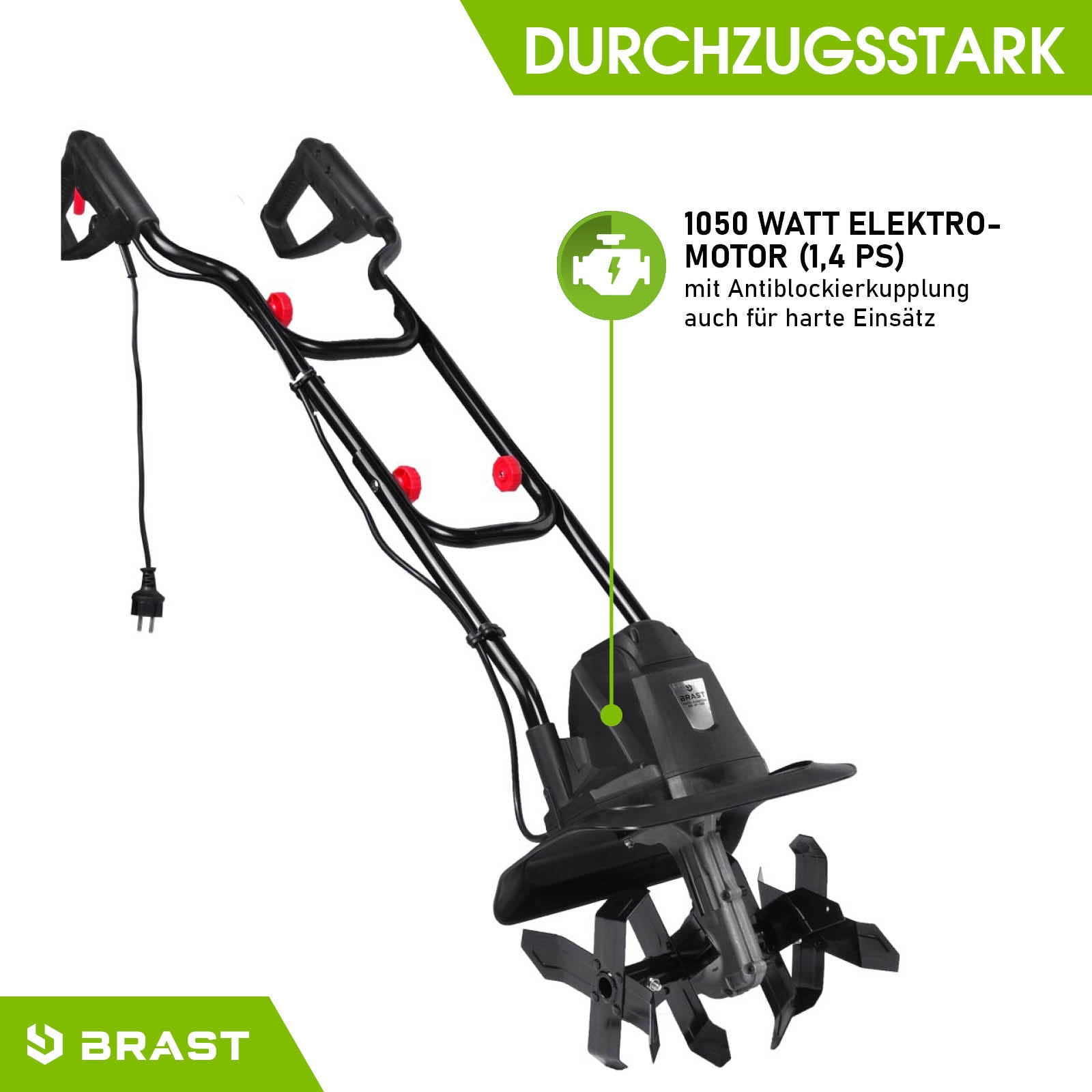 Schwarze Elektro Motorhacke mit 1050 Watt Motor, Gartenfräse Bodenfräse mit Griffen und Elektroantrieb.