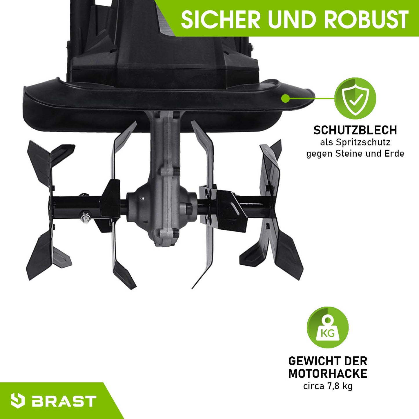 Elektro Motorhacke mit robustem Schutzblech und vier Zinken als Bodenfräse Gartenfräse Pflug.