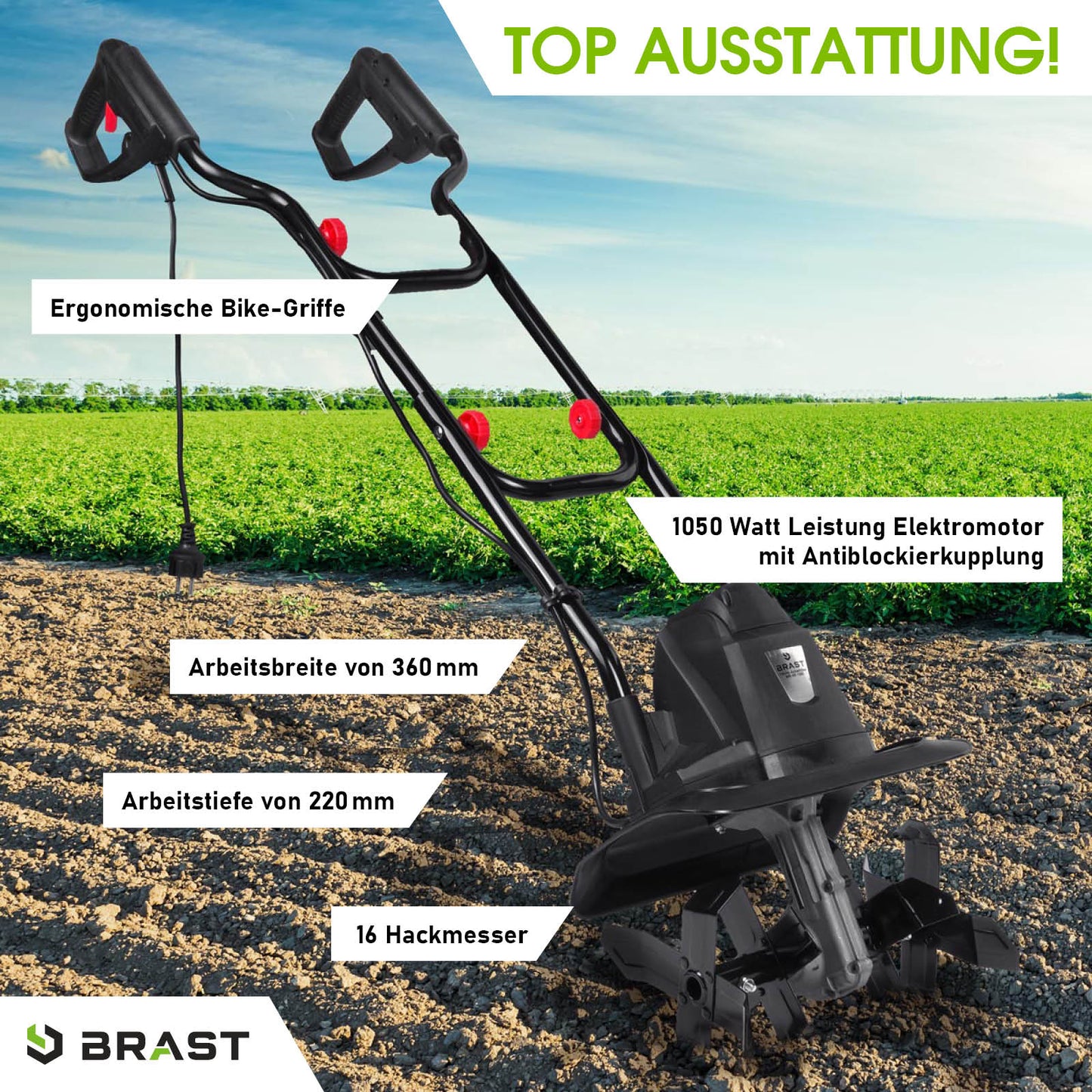 Schwarze Elektro Motorhacke mit 16 Hackmessern und ergonomischen Bike-Griffen, Gartenfräse Bodenfräse Motorhacke Gartenfräse .