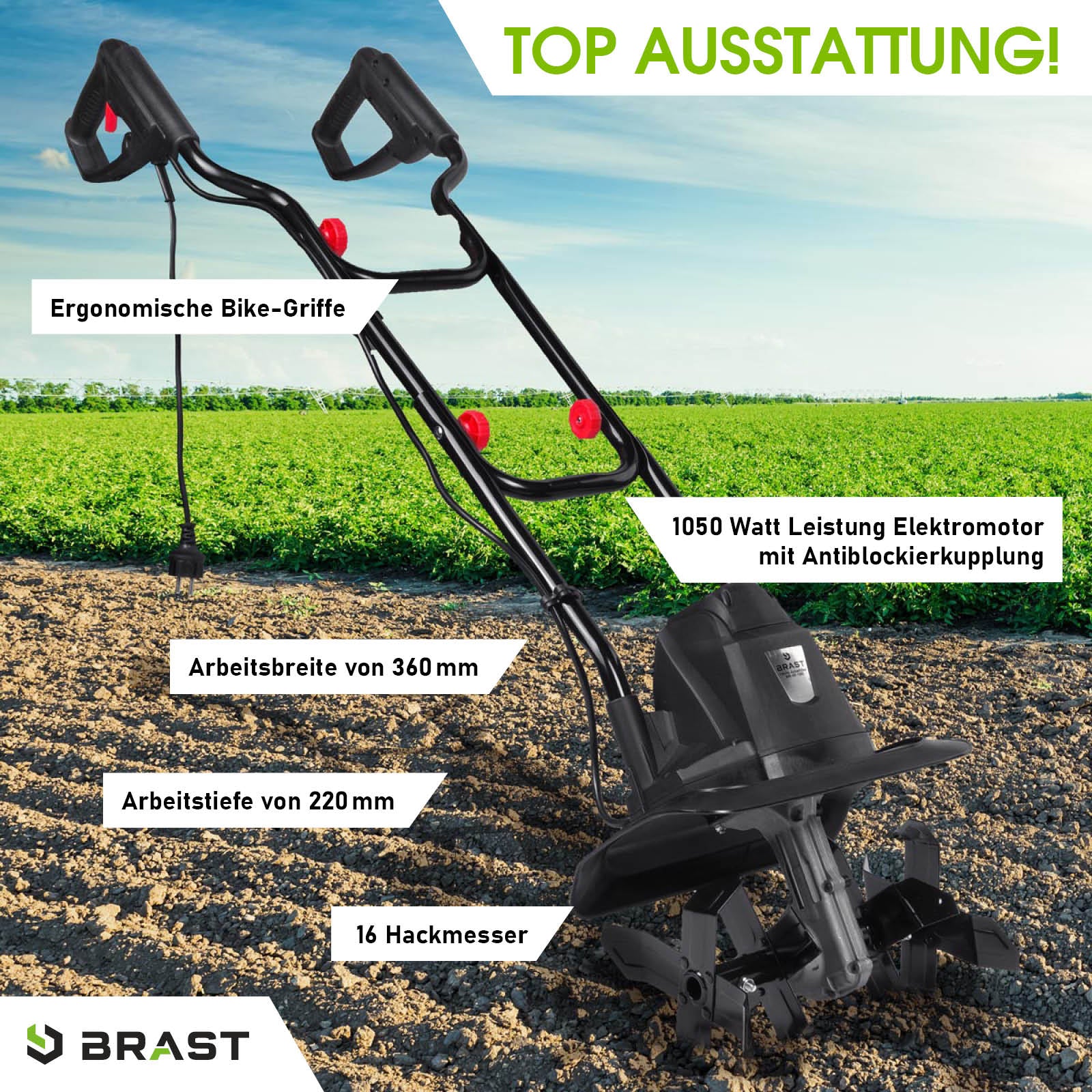 Schwarze Elektro Motorhacke mit 16 Hackmessern und ergonomischen Bike-Griffen, Gartenfräse Bodenfräse Motorhacke Gartenfräse .