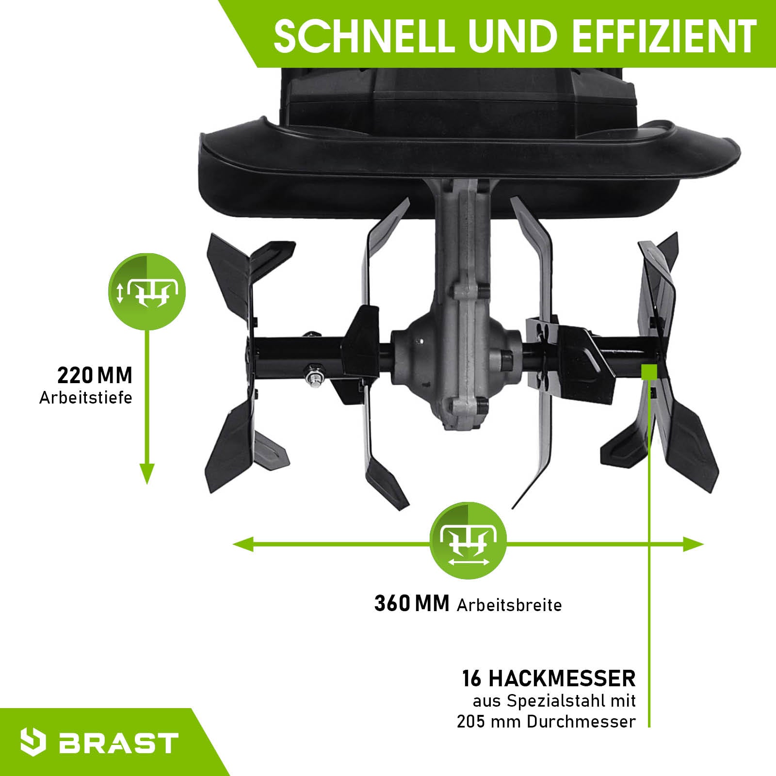 Elektro Motorhacke mit 16 Hackmessern, 220 mm Arbeitstiefe, 360 mm Arbeitsbreite, Bodenfräse Gartenfräse Pflug.