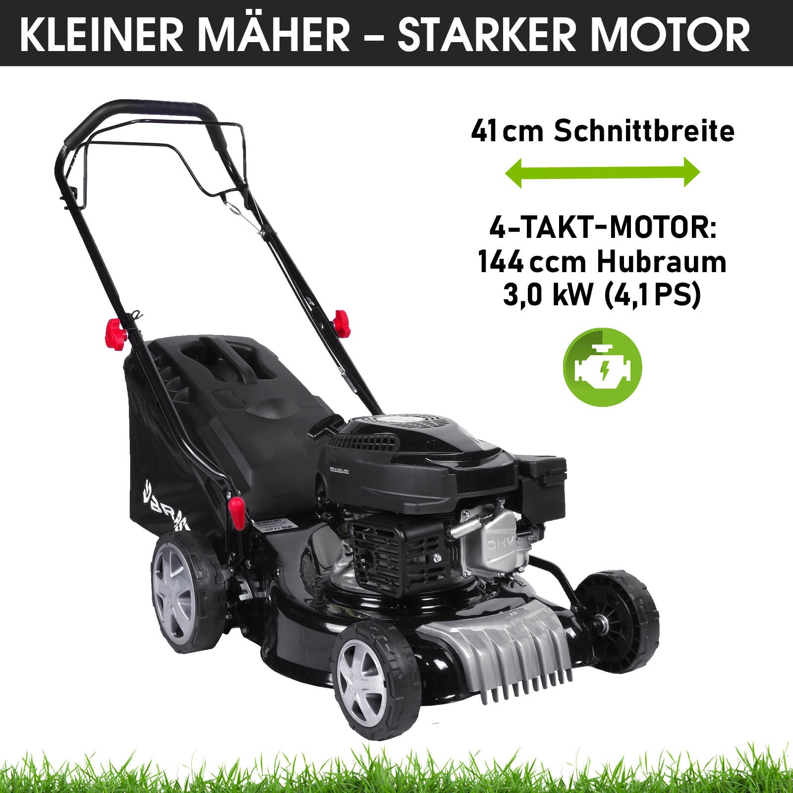 Benzin Rasenmäher mit 41 cm Schnittbreite, 4-Takt 144 cm³ Motor, Mulchfunktion und Antrieb.