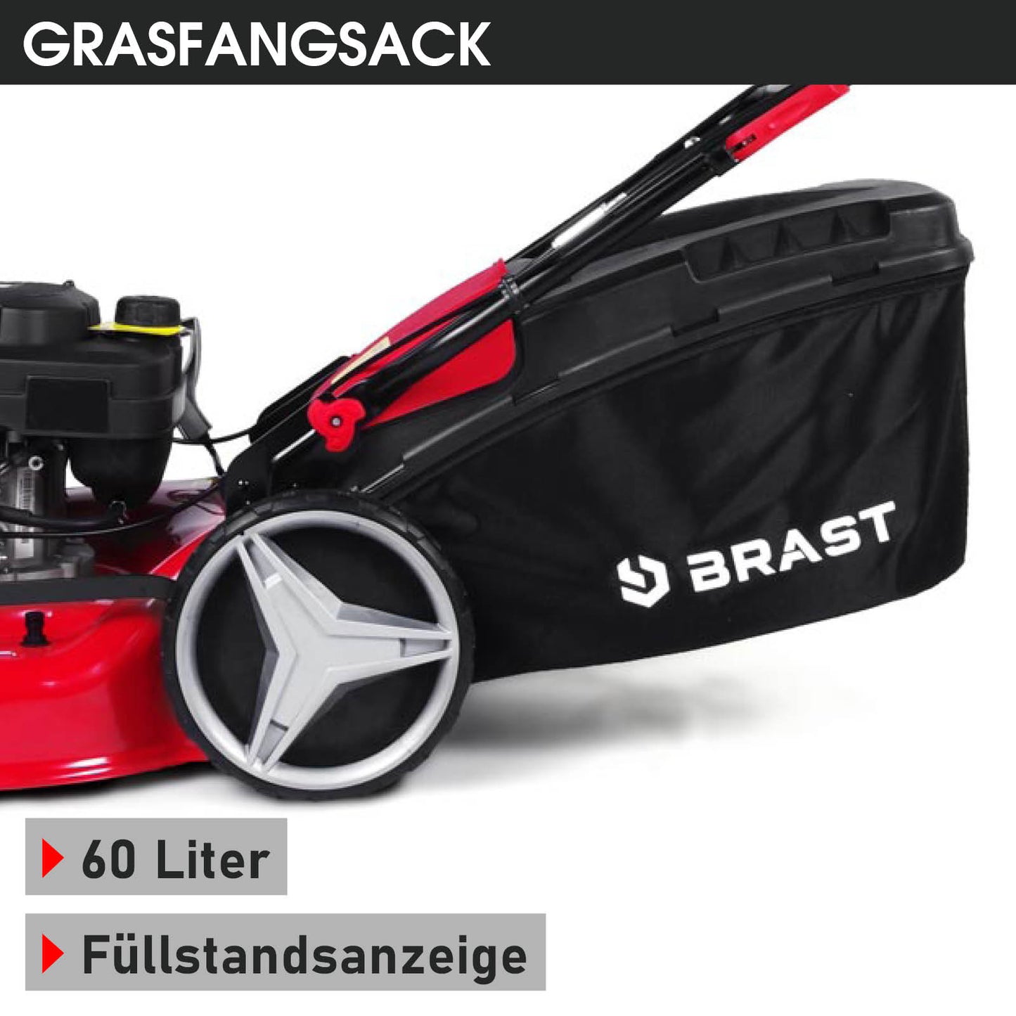 Roter Benzin-Rasenmäher mit schwarzem Grasfangsack, 60 Liter Fassungsvermögen und Füllstandsanzeige.
