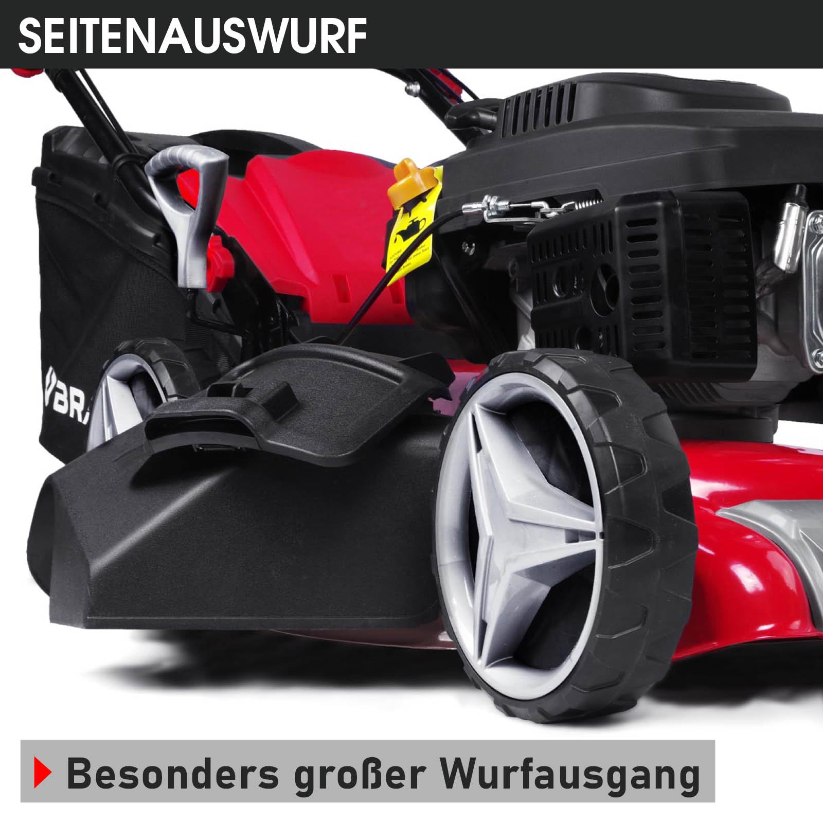Roter Benzin-Rasenmäher mit großem seitlichem Wurfausgang und robusten Hinterrädern.