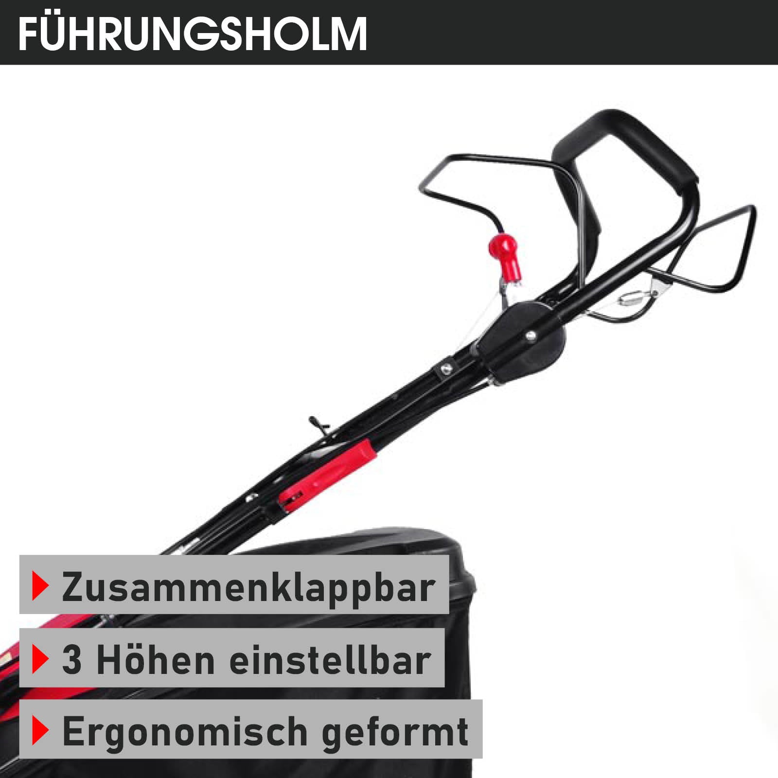 Schwarzer Führungsholm eines zusammenklappbaren Benzin-Rasenmähers mit drei Höhenstufen und ergonomischem Griff.