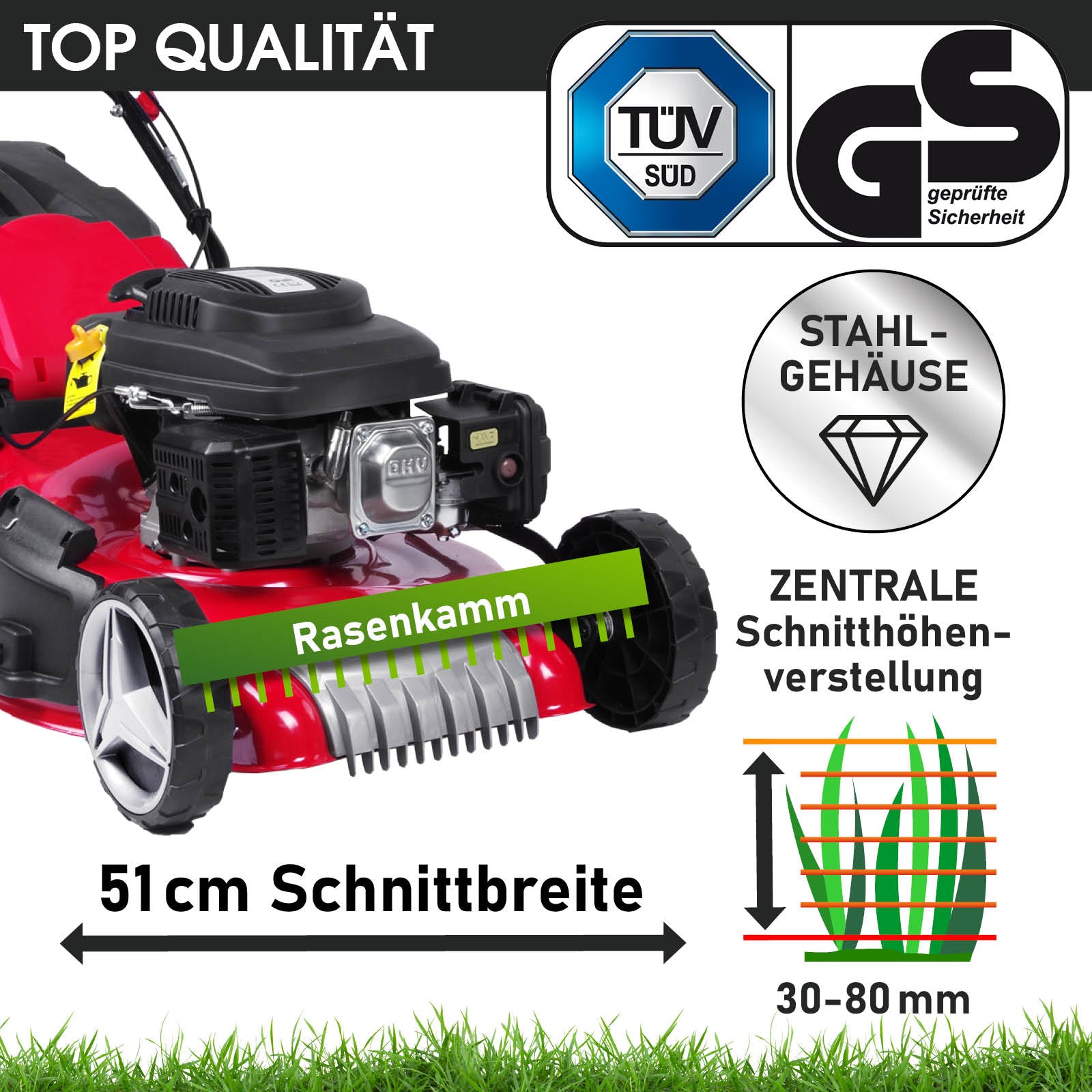 Benzin Rasenmäher mit 51 cm Schnittbreite, Stahlgehäuse, Mulchfunktion und zentraler Schnitthöhenverstellung.