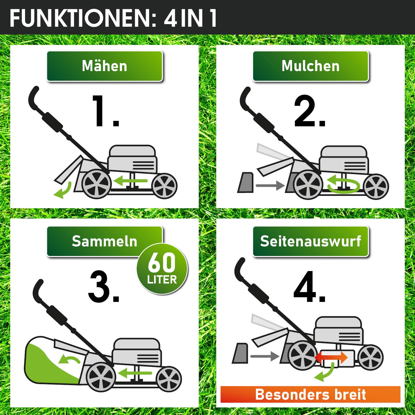 Mähen, Mulchen, 60 Liter Sammeln, breiter Seitenauswurf.