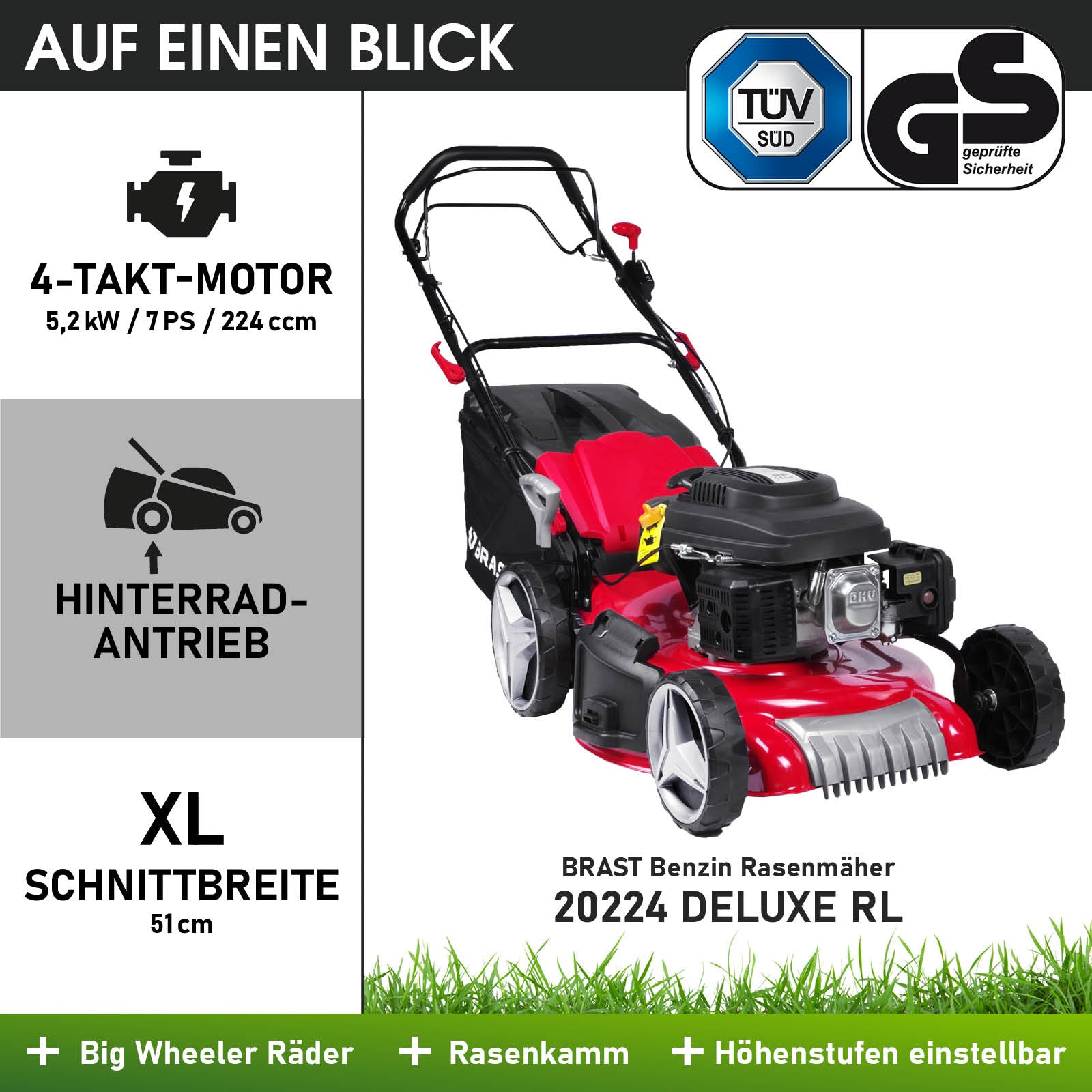 Roter Benzin-Rasenmäher mit 4-Takt-Motor, Hinterradantrieb und XL 51 cm Schnittbreite.