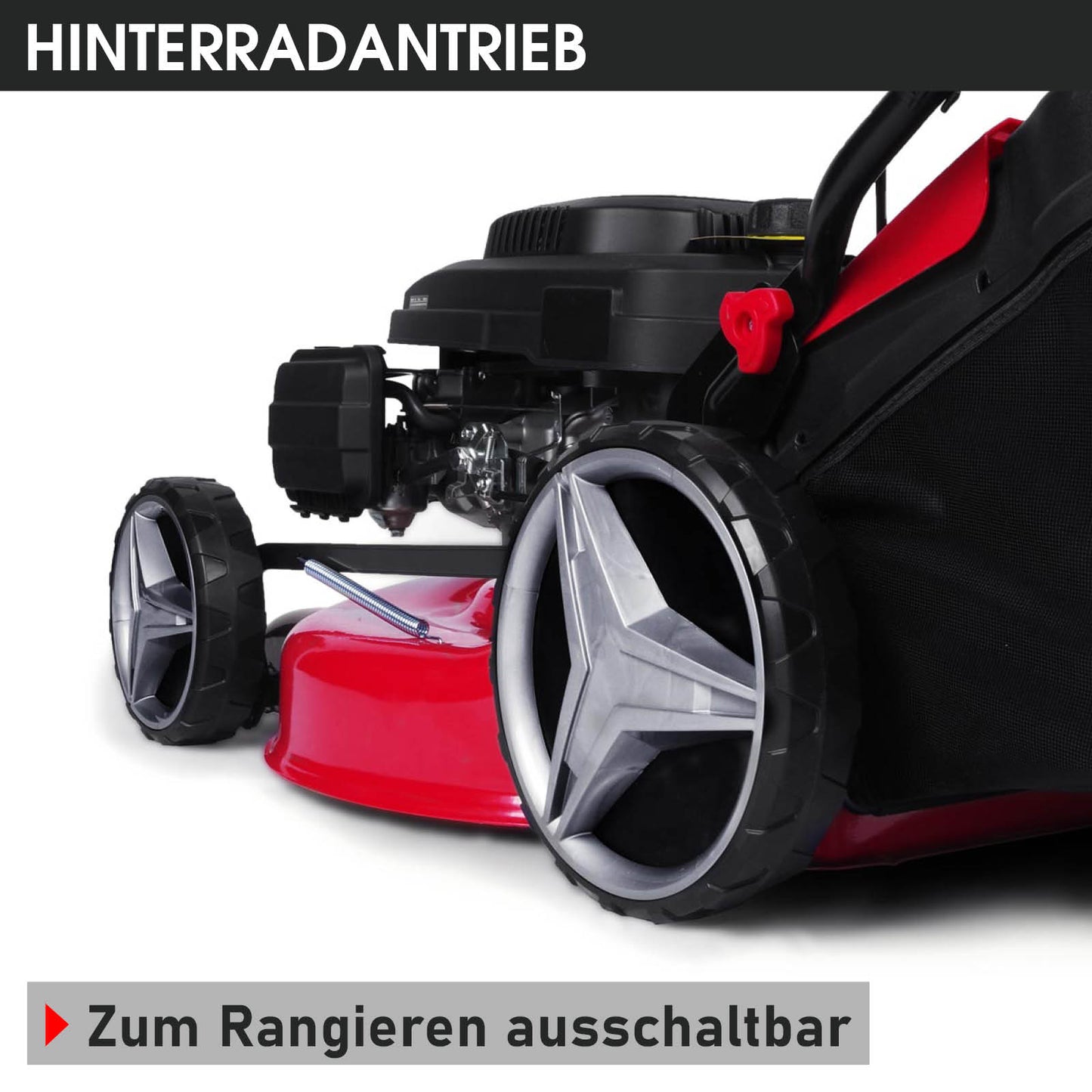 Roter Benzin-Rasenmäher mit schwarzem Motor und großen Hinterrädern mit Sternspeichen.