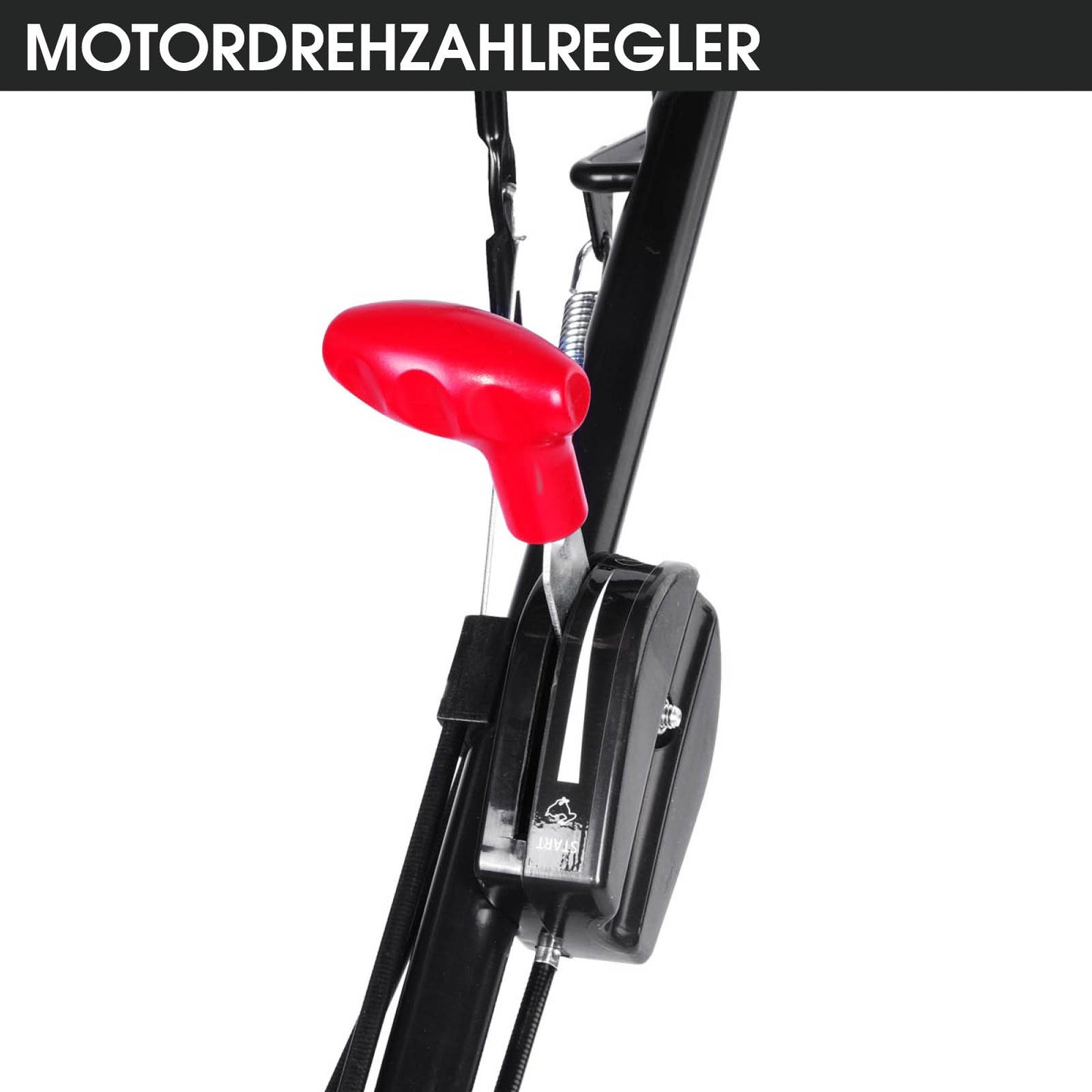 Roter Drehregler am schwarzen Griff eines Benzin-Rasenmähers für Motordrehzahlsteuerung.
