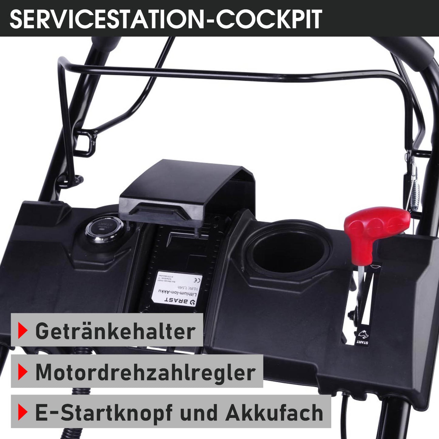 Schwarze Benzin-Rasenmäher-Bedieneinheit mit rotem E-Startknopf und Getränkehalter.