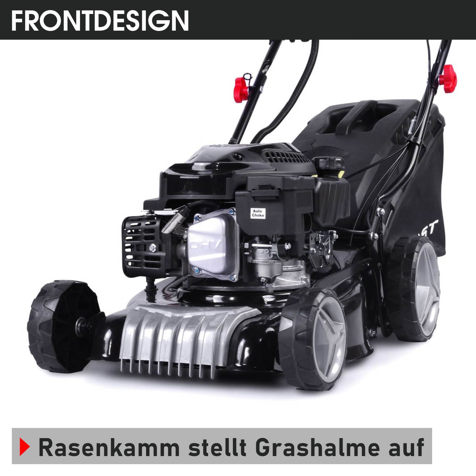 Schwarzer Benzin-Rasenmäher mit E-Start, Antrieb, Fangkorb und Rasenliftfunktion.