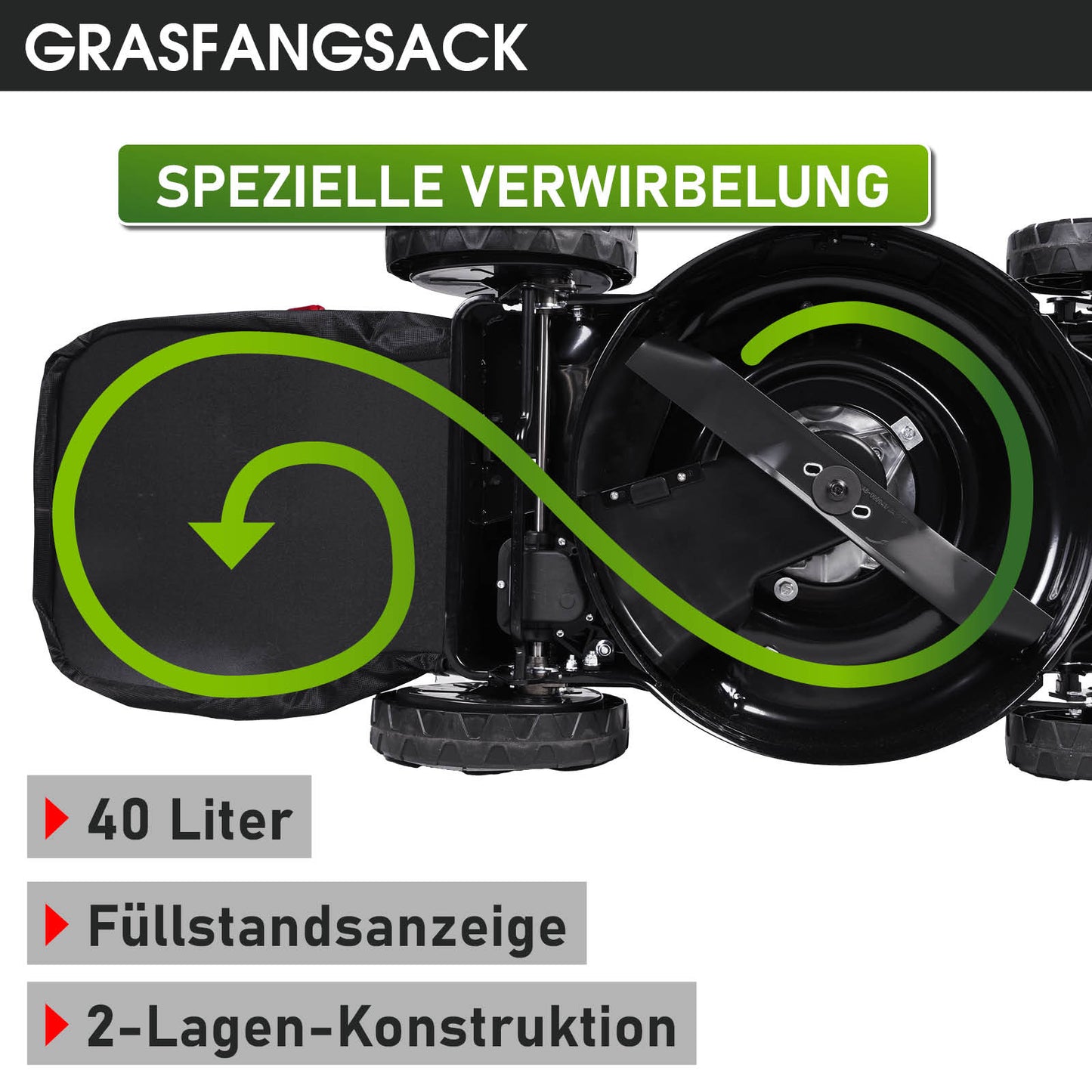 Schwarzer Benzin-Rasenmäher mit grünem Wirbel-Mulchsystem und 40-Liter-Grasfangsack.
