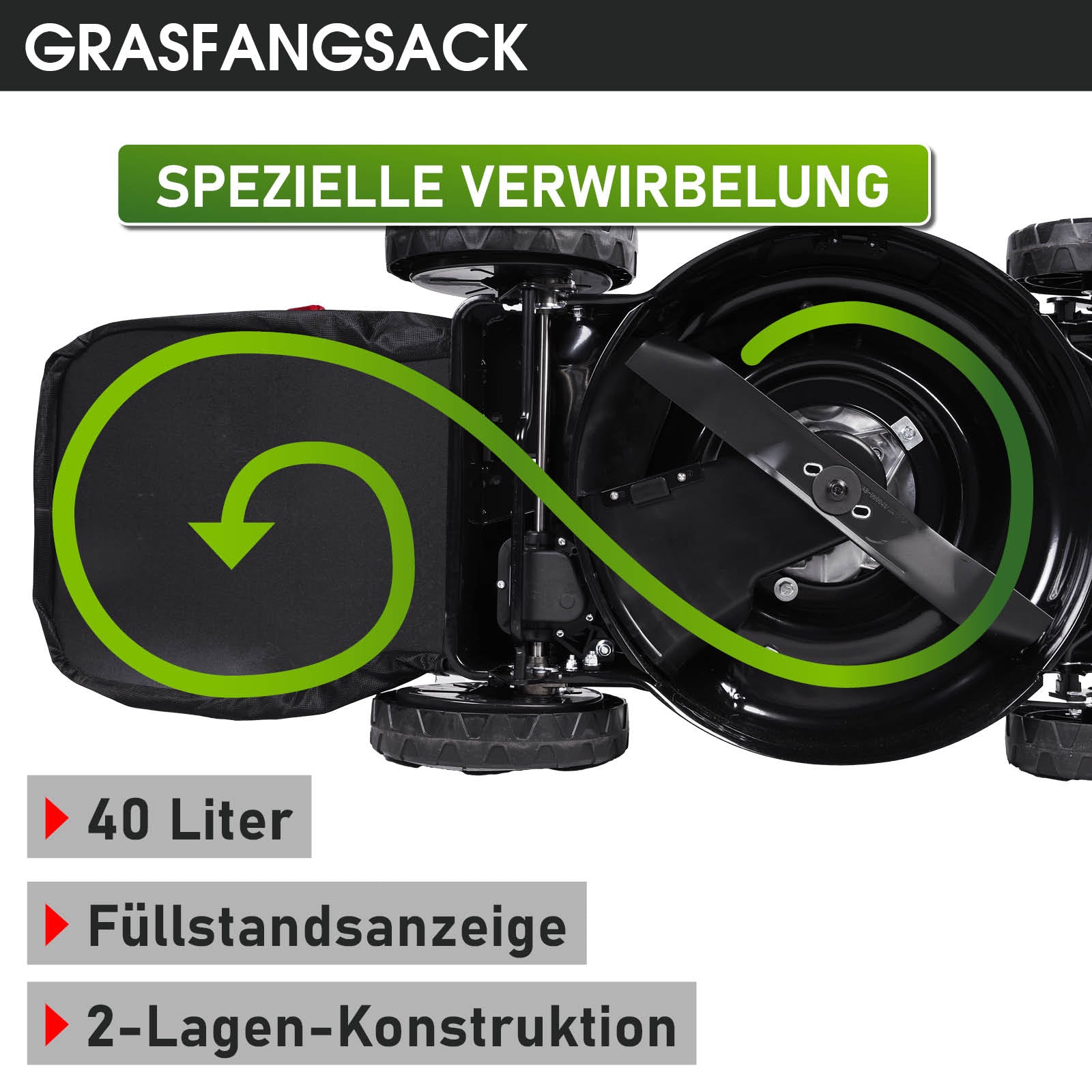 Schwarzer Benzin-Rasenmäher mit grünem Wirbel-Mulchsystem und 40-Liter-Grasfangsack.